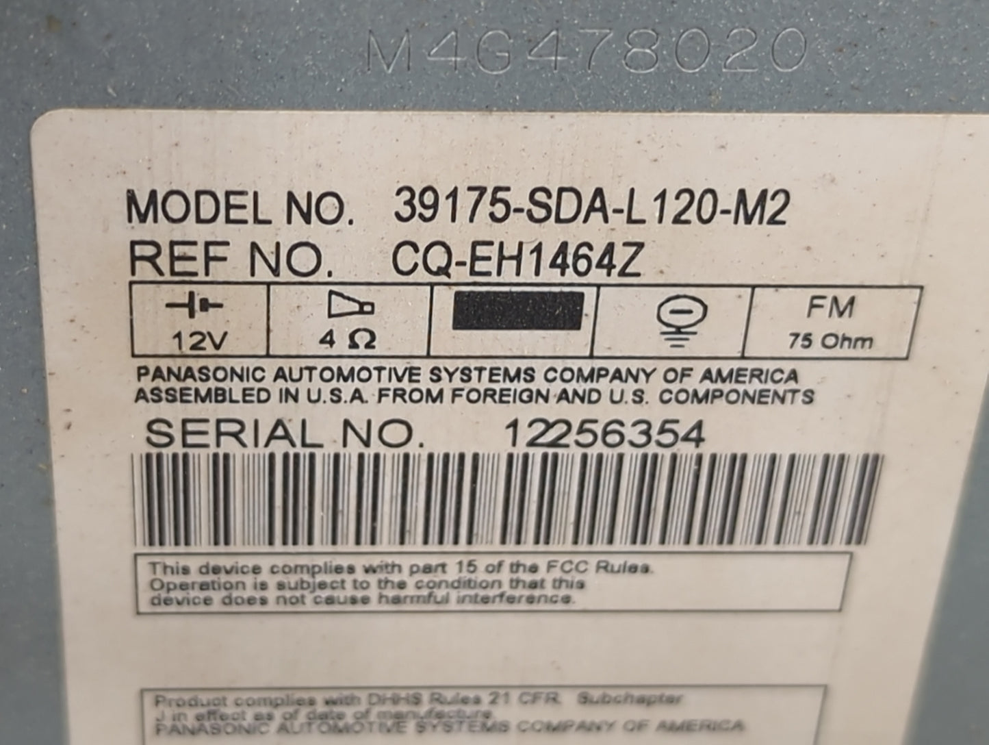 2006 Honda Accord Radio AM FM Cd Player Receiver Replacement P/N:39175-SDA-L120-M2 CQ-EH1464Z Fits OEM Used Auto Parts - Oem