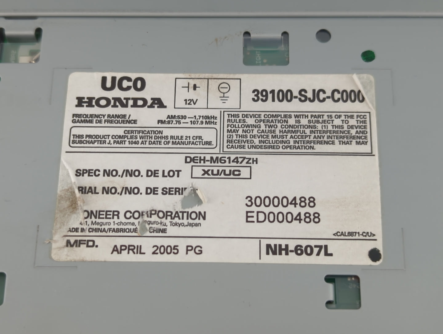 2006-2008 Honda Ridgeline Radio AM FM Cd Player Receiver Replacement P/N:39100-SJC-C000 Fits Fits 2006 2007 2008 OEM Used Au