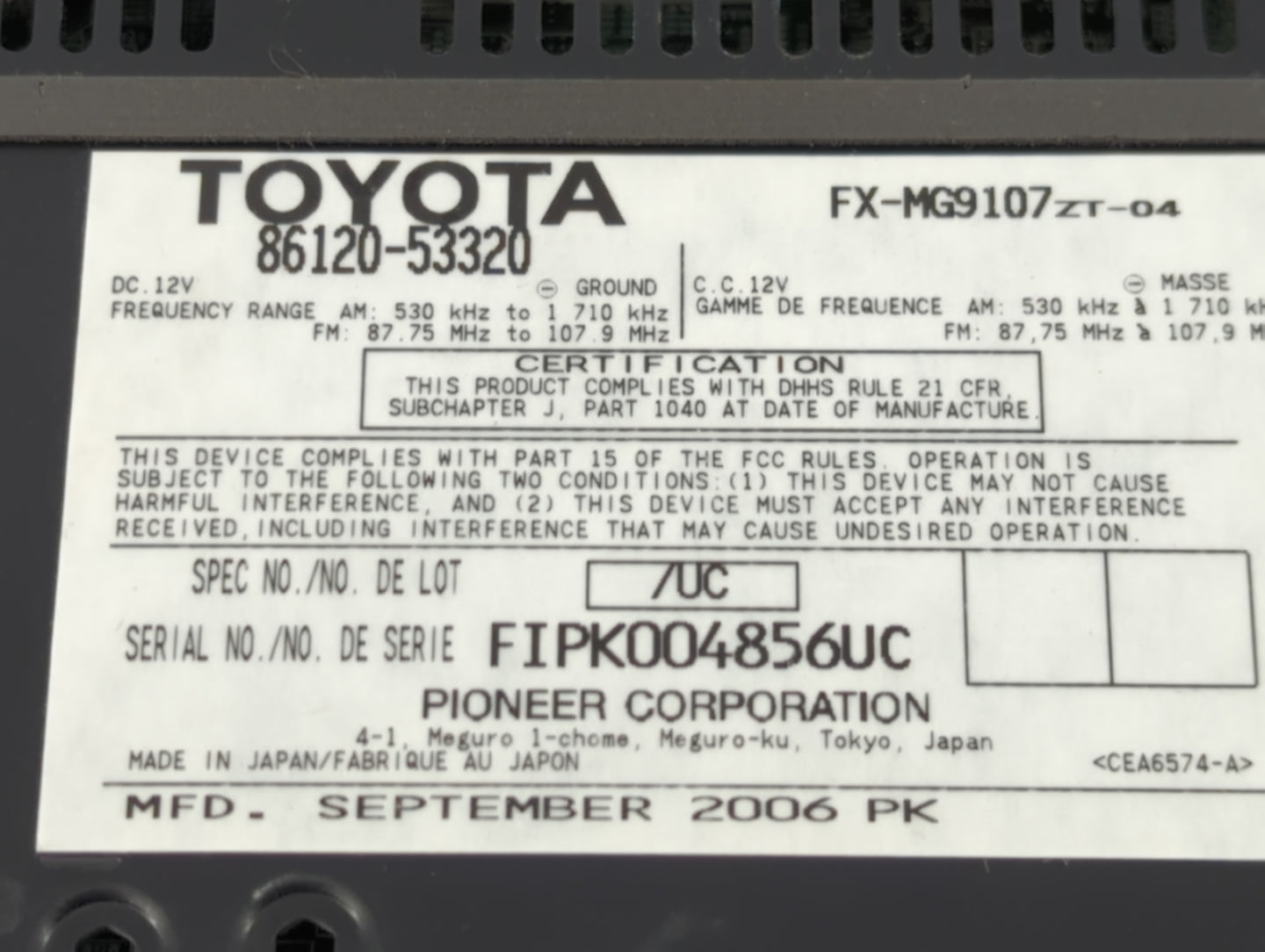 2006 Lexus Is250 Radio AM FM Cd Player Receiver Replacement P/N:86120-53320 FX-MG9107ZT-04 Fits OEM Used Auto Parts - Oemuse