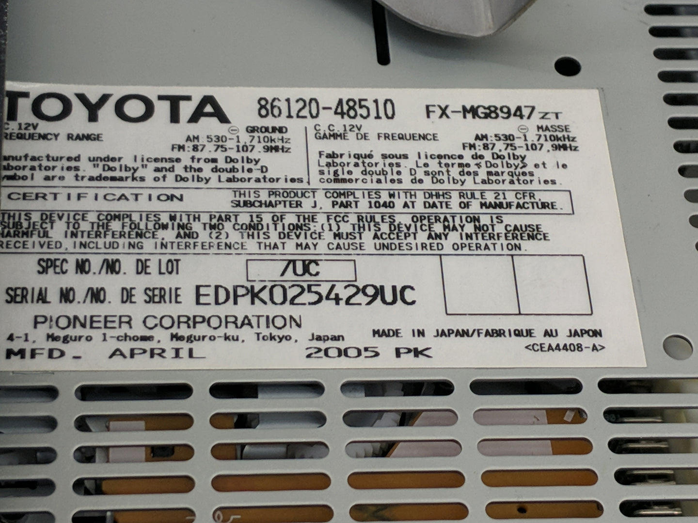 2006 Lexus Rx400h Radio AM FM Cd Player Receiver Replacement P/N:86120-48510 FX-MG8947ZT, EDPK025429UC Fits OEM Used Auto Pa