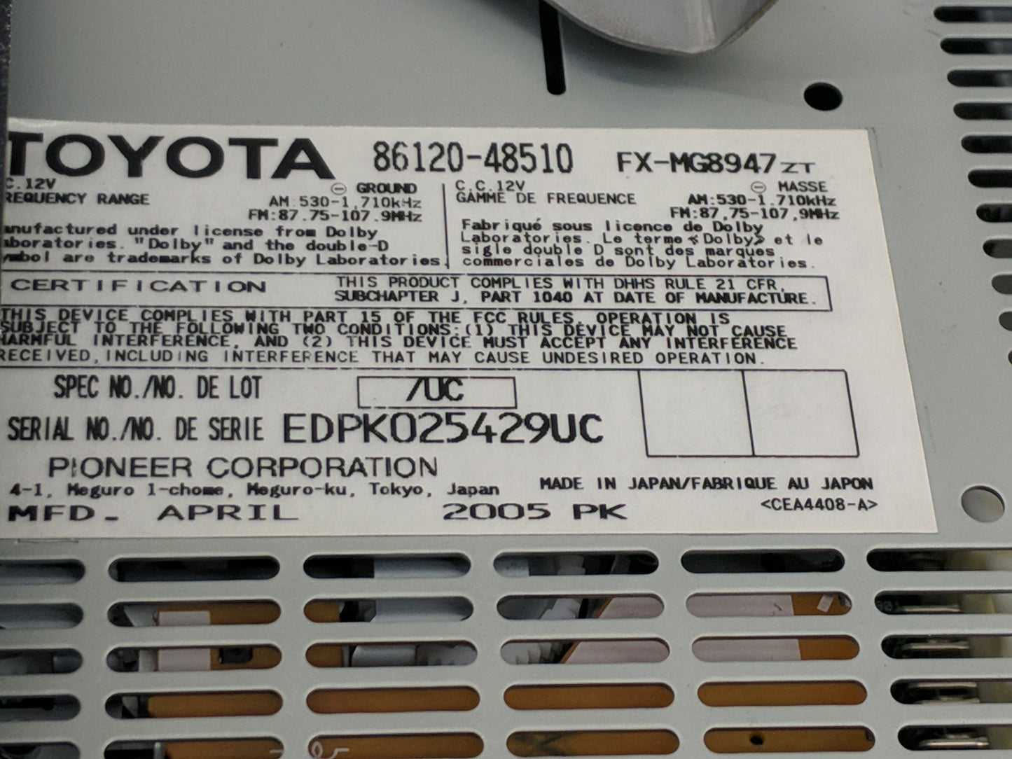 2006 Lexus Rx400h Radio AM FM Cd Player Receiver Replacement P/N:86120-48510 FX-MG8947ZT, EDPK025429UC Fits OEM Used Auto Pa