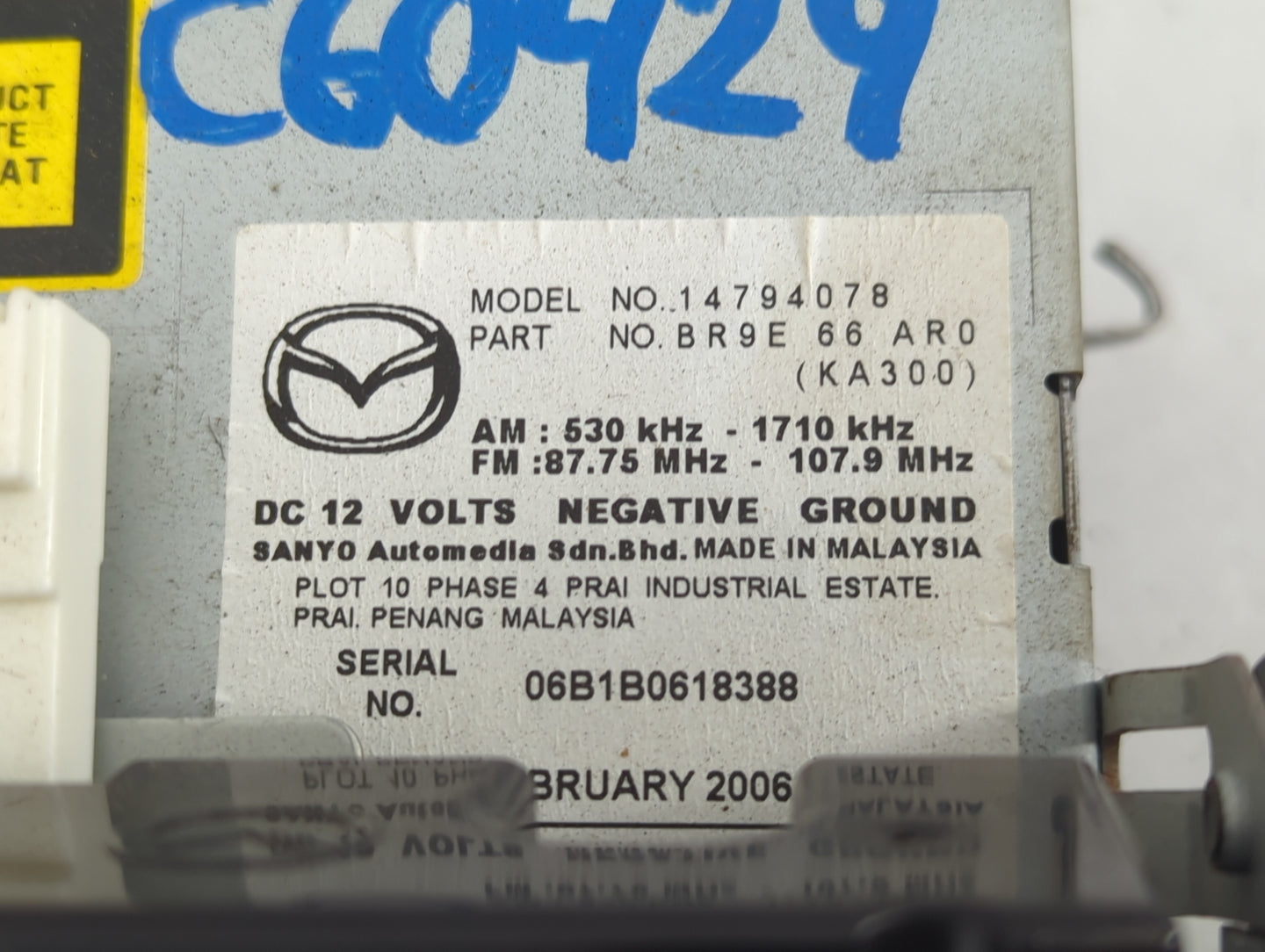 2006-2007 Mazda 3 Radio AM FM Cd Player Receiver Replacement P/N:14794078 Fits Fits 2006 2007 OEM Used Auto Parts - Oemuseda