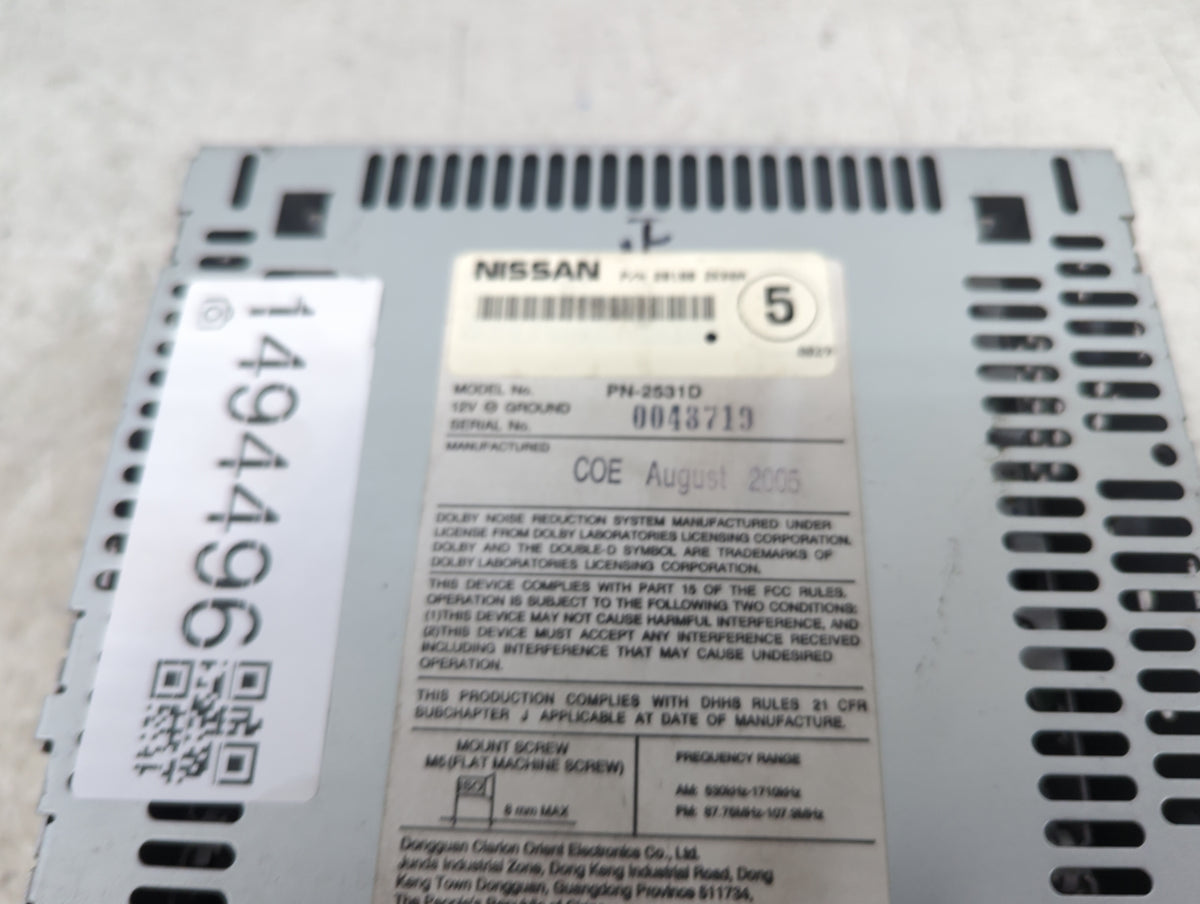 2006 Nissan Maxima Radio AM FM Cd Player Receiver Replacement P/N:PN-2531D 28188 ZK30F Fits OEM Used Auto Parts - Oemusedaut