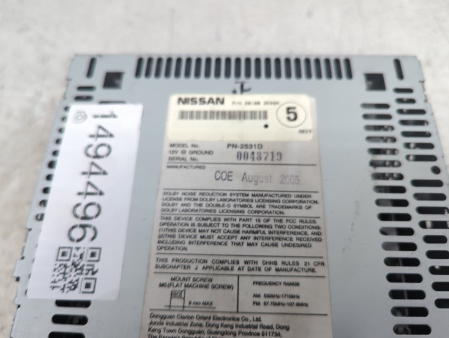 2006 Nissan Maxima Radio AM FM Cd Player Receiver Replacement P/N:PN-2531D 28188 ZK30F Fits OEM Used Auto Parts - Oemusedaut