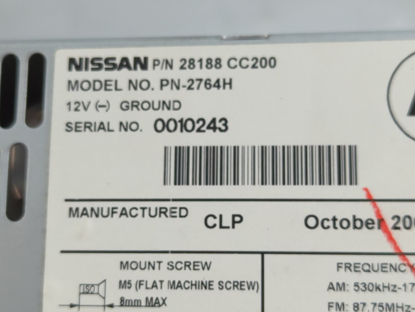 2006-2007 Nissan Murano Radio AM FM Cd Player Receiver Replacement P/N:28188 CC200 Fits Fits 2006 2007 OEM Used Auto Parts -