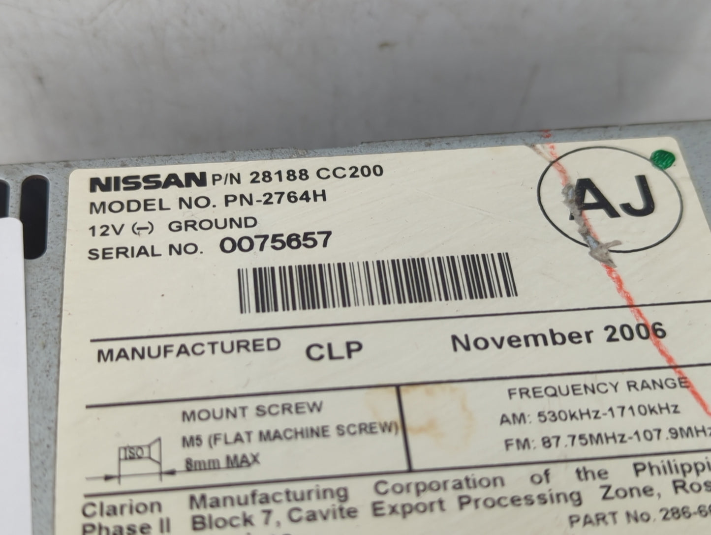 2006-2007 Nissan Murano Radio AM FM Cd Player Receiver Replacement P/N:28188 CC200 Fits Fits 2006 2007 OEM Used Auto Parts -