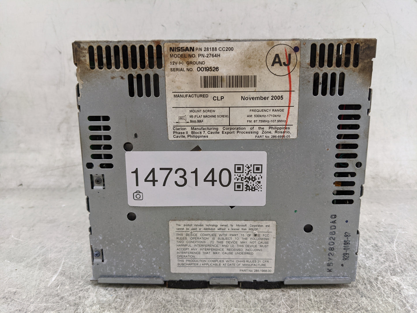 2006-2007 Nissan Murano Radio AM FM Cd Player Receiver Replacement P/N:28188CC200 PN-2764H Fits Fits 2006 2007 OEM Used Auto