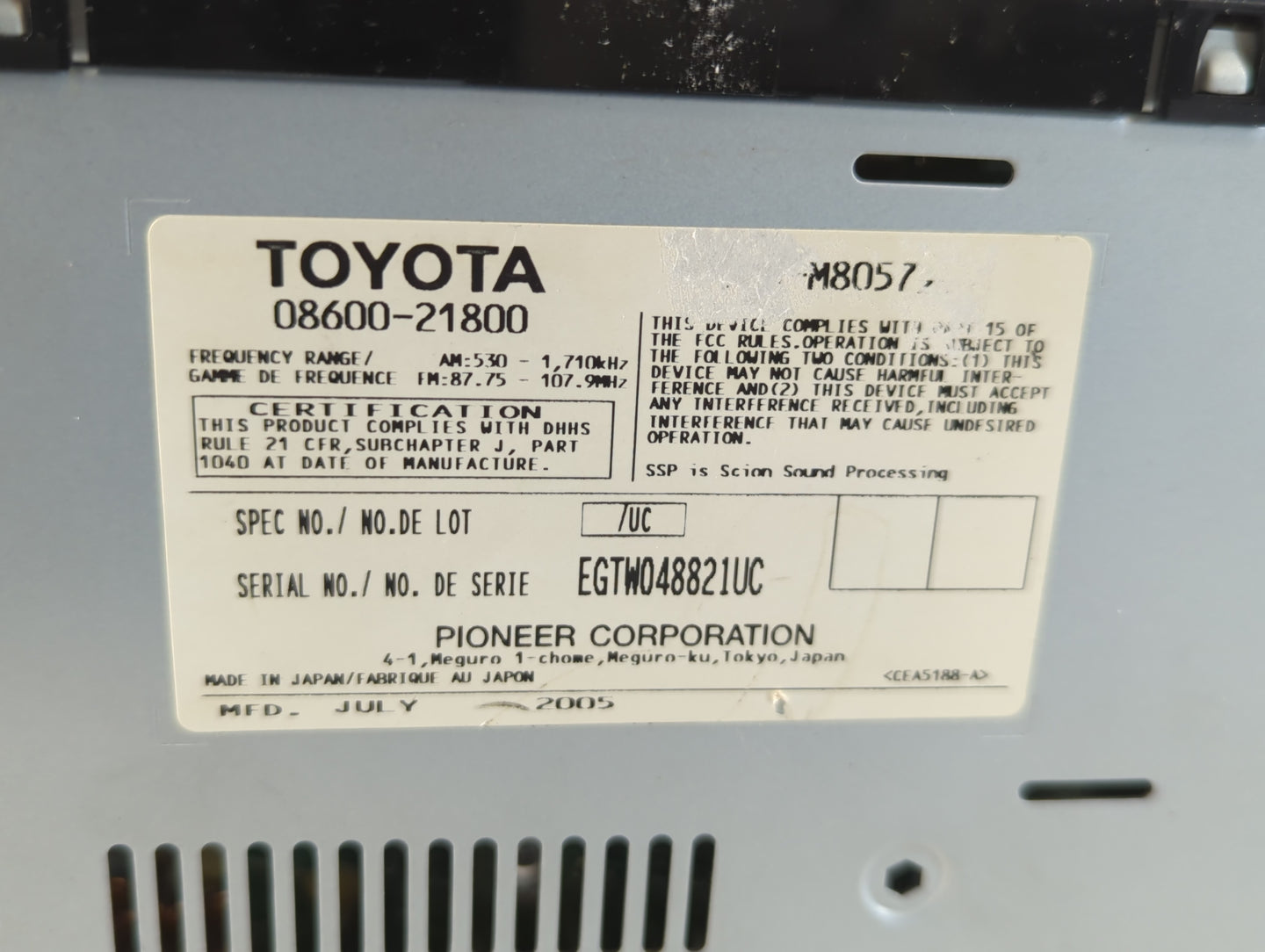 2006-2007 Scion Tc Radio AM FM Cd Player Receiver Replacement P/N:08600-21800 Fits Fits 2006 2007 OEM Used Auto Parts - Oemu