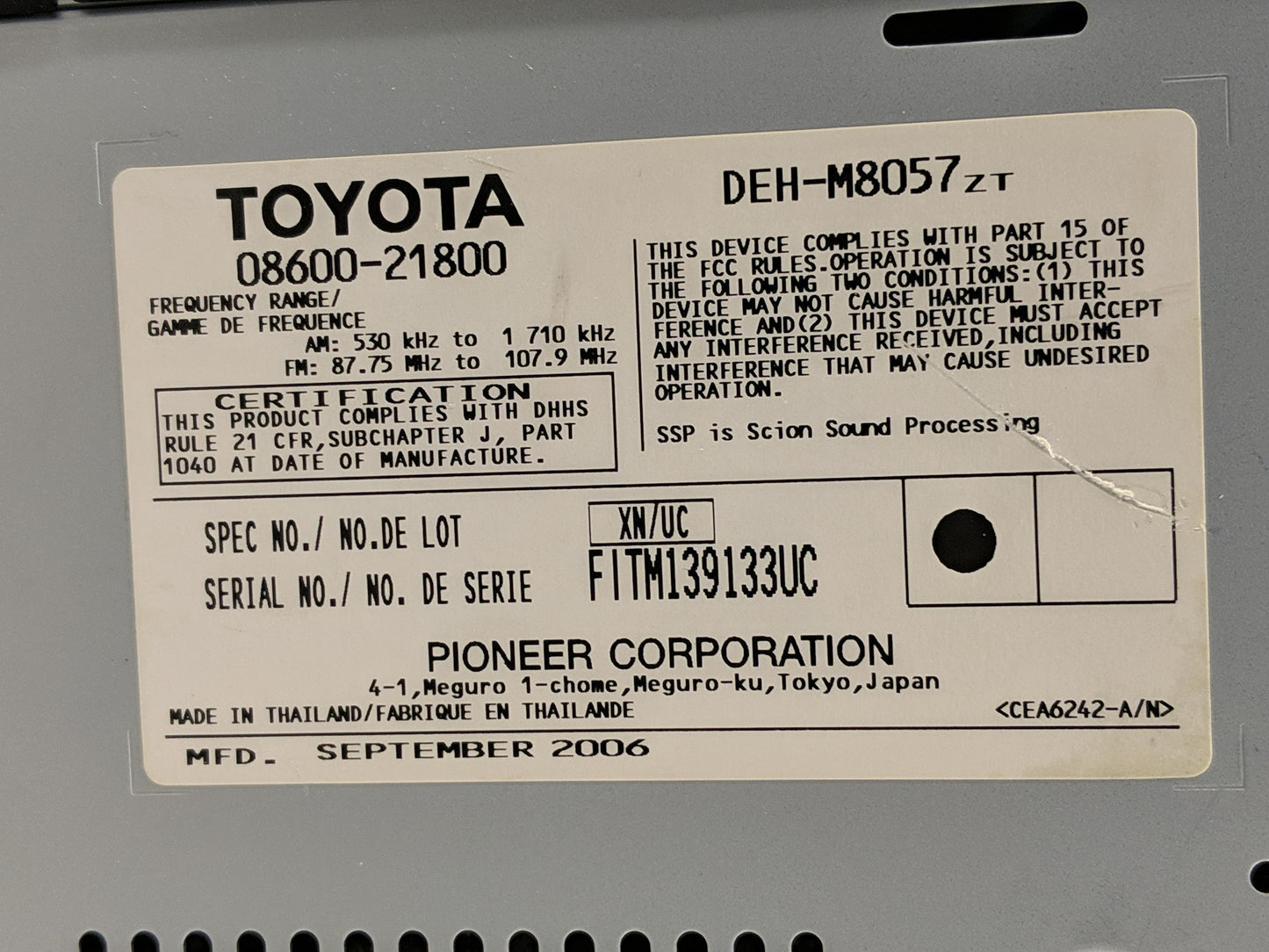 2006 Scion Xa Radio AM FM Cd Player Receiver Replacement P/N:08600-21800 Fits OEM Used Auto Parts - Oemusedautoparts1.com