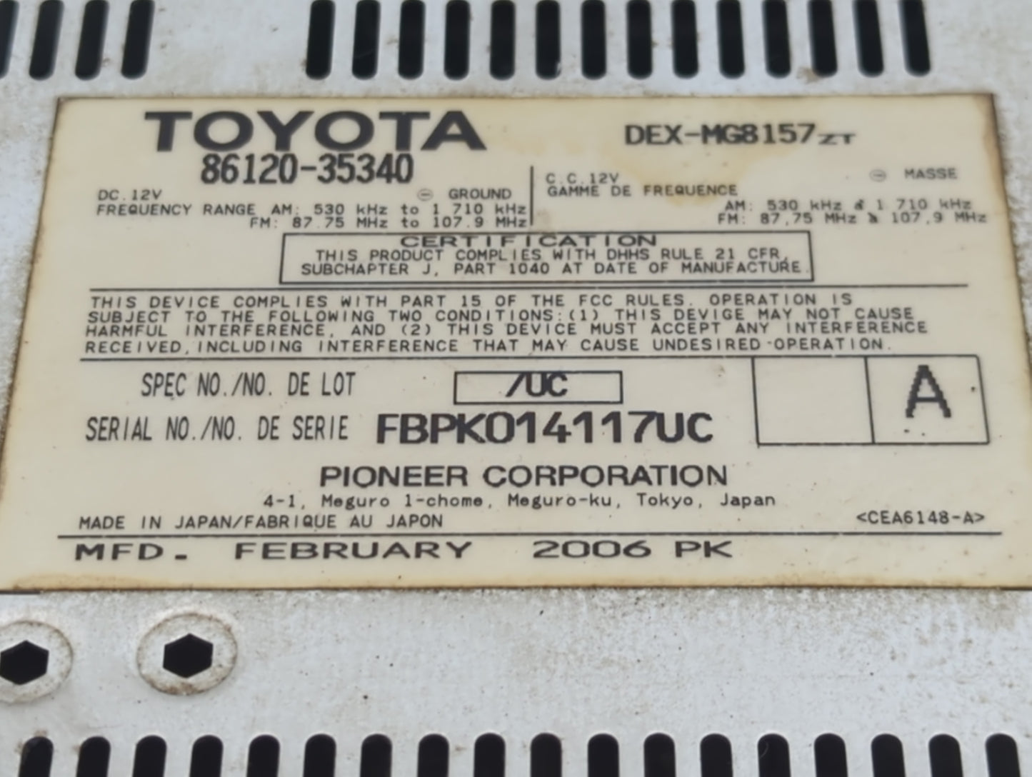 2006-2009 Toyota 4runner Radio AM FM Cd Player Receiver Replacement P/N:86120-35340 Fits Fits 2006 2007 2008 2009 OEM Used A