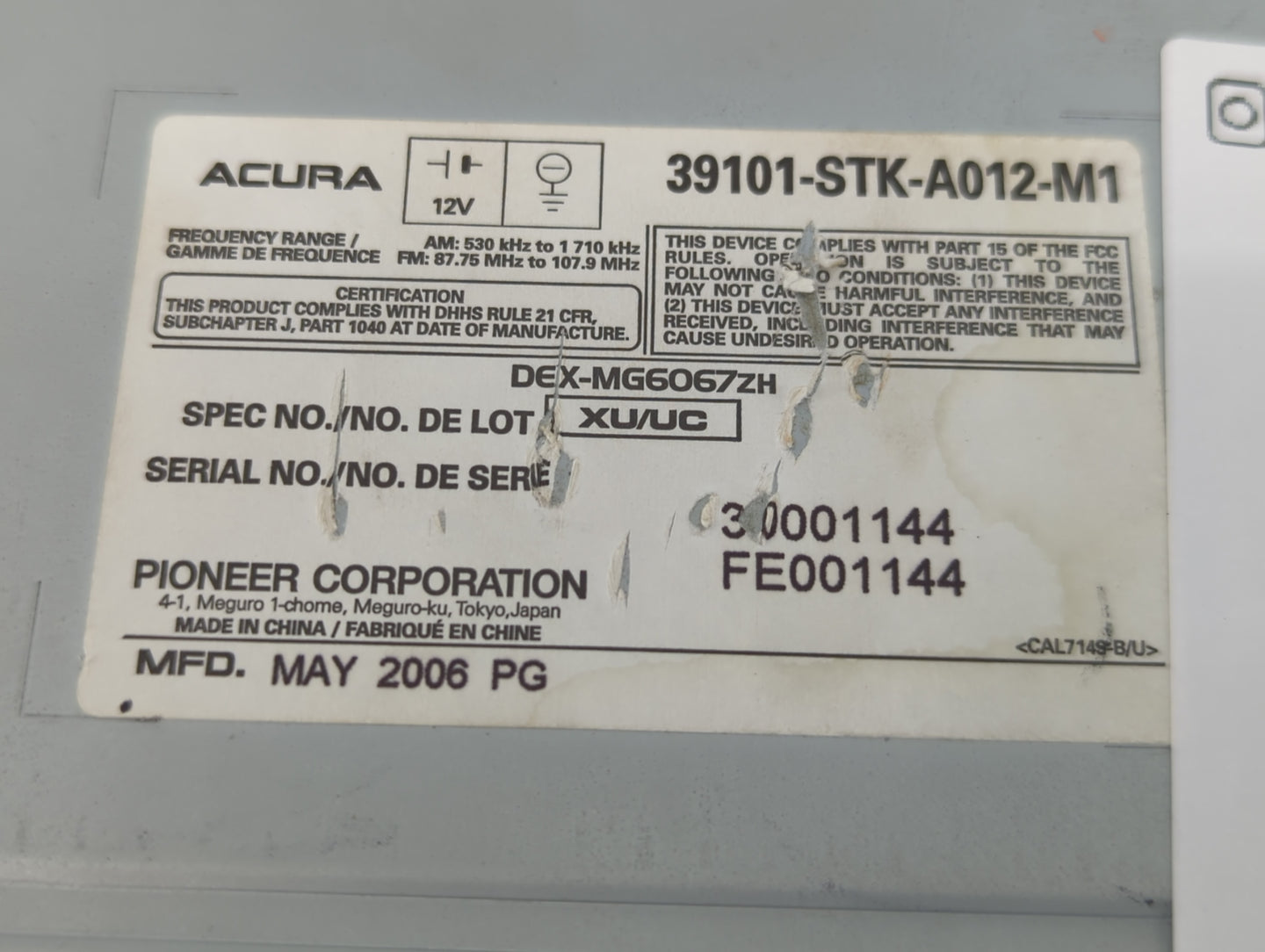 2007 Acura Rdx Radio AM FM Cd Player Receiver Replacement P/N:39101-STK-A012-M1 DEX-MG6067ZH Fits OEM Used Auto Parts - Oemu