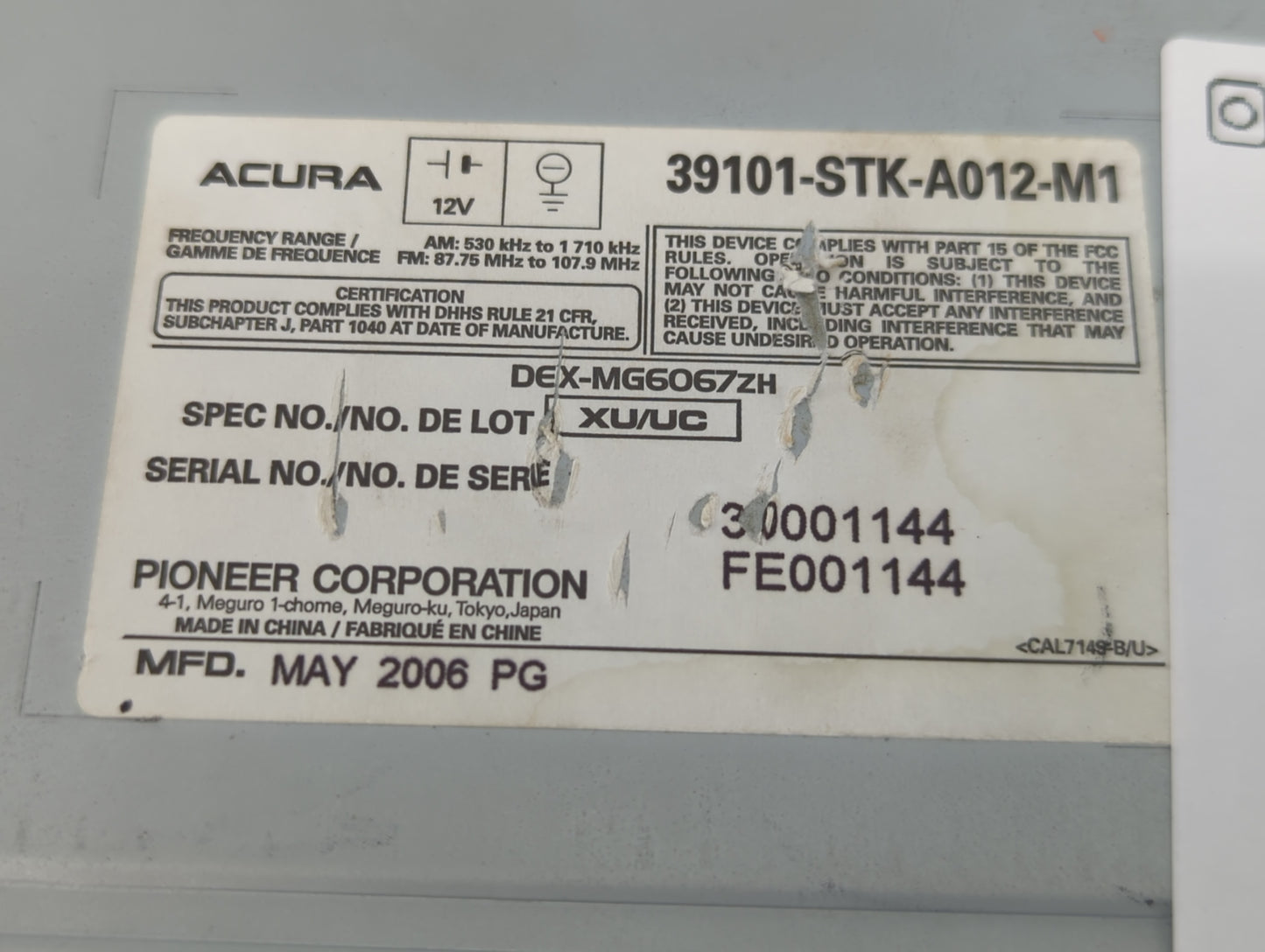 2007 Acura Rdx Radio AM FM Cd Player Receiver Replacement P/N:39101-STK-A012-M1 DEX-MG6067ZH Fits OEM Used Auto Parts - Oemu