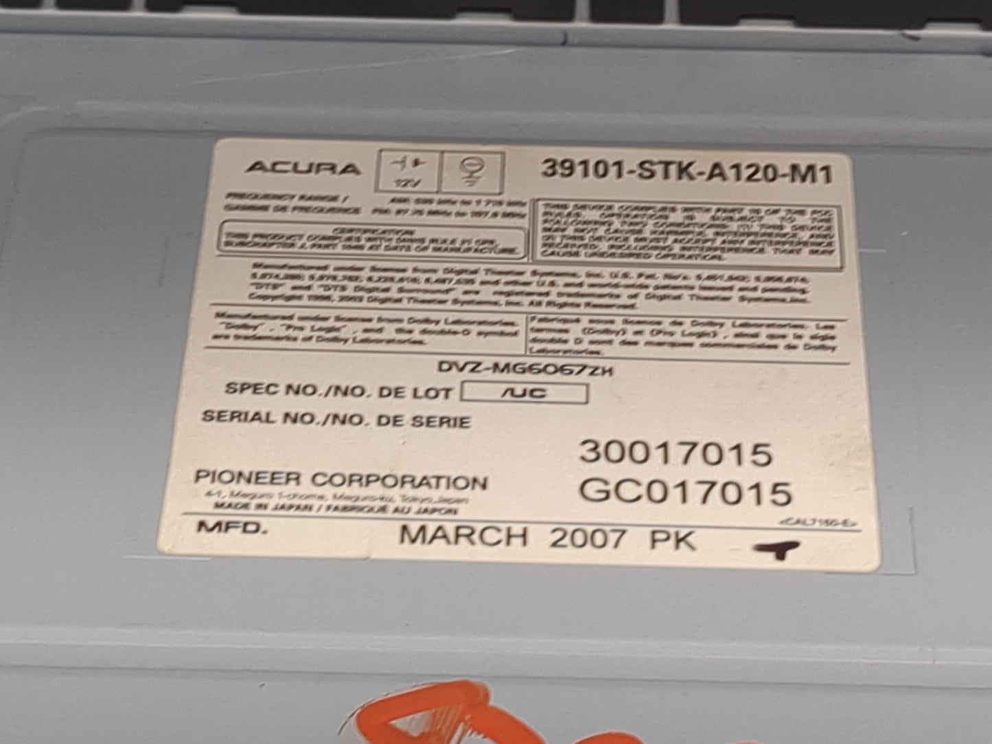 2007 Acura Rdx Radio AM FM Cd Player Receiver Replacement P/N:39101-STK-A120-M1 DVZ-MG6067ZH Fits OEM Used Auto Parts - Oemu