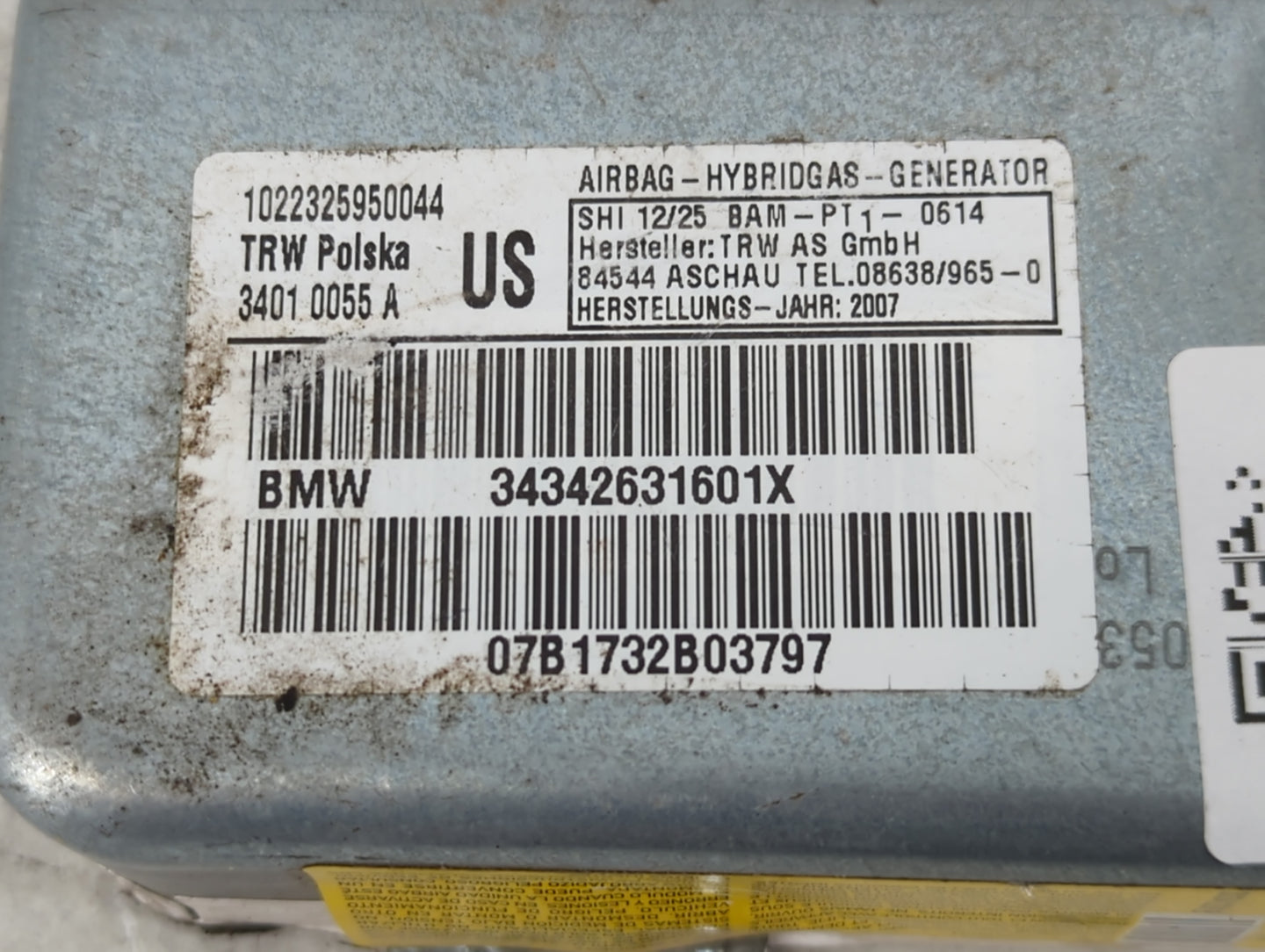2007-2010 Bmw X3 Air Bag Passenger Right Dashboard OEM P/N:34342631601X Fits Fits 2007 2008 2009 2010 OEM Used Auto Parts - 