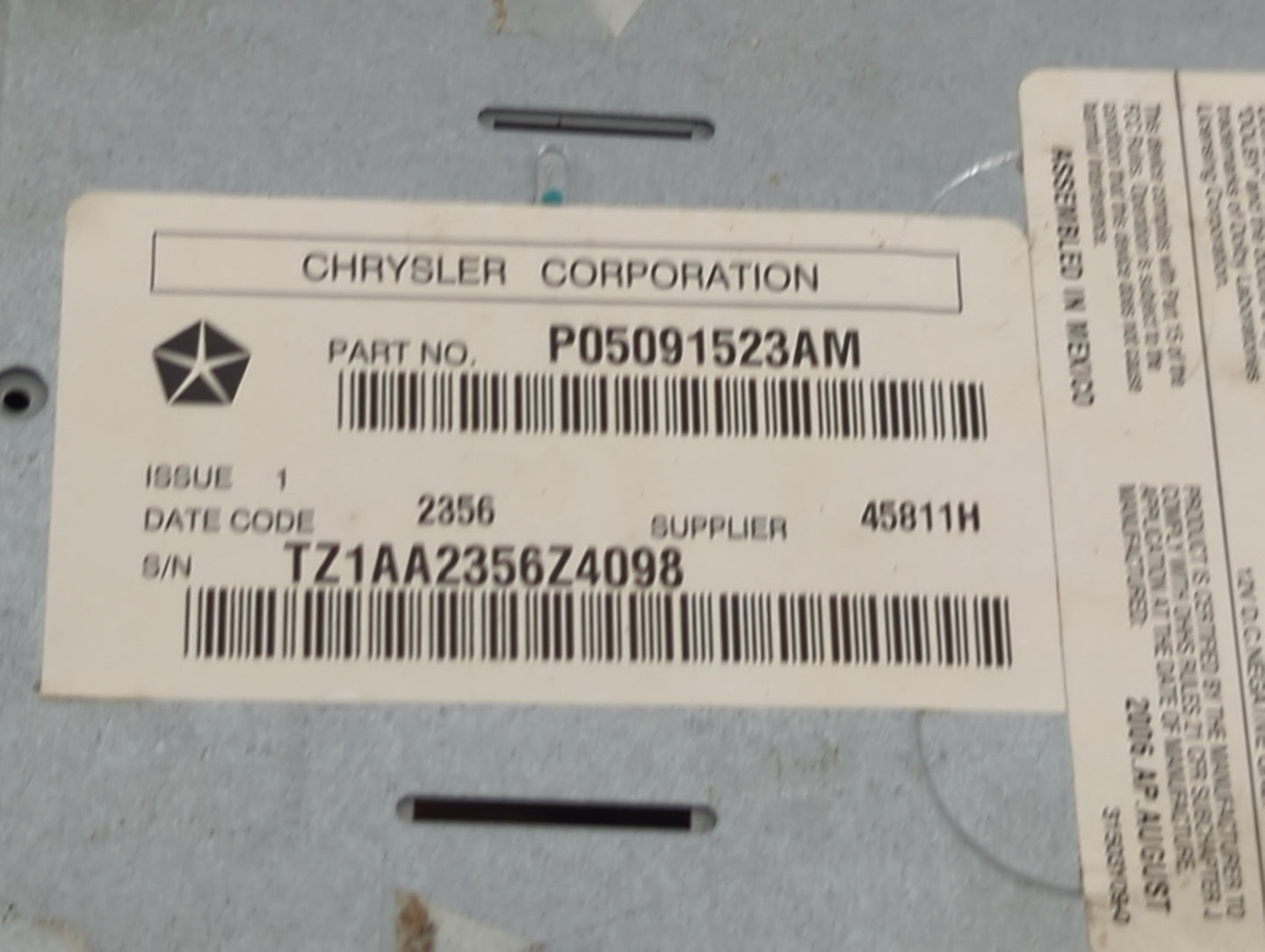 2005-2007 Chrysler 300 Radio AM FM Cd Player Receiver Replacement P/N:P05091523AM TZ1AA2356Z4098 Fits OEM Used Auto Parts - 