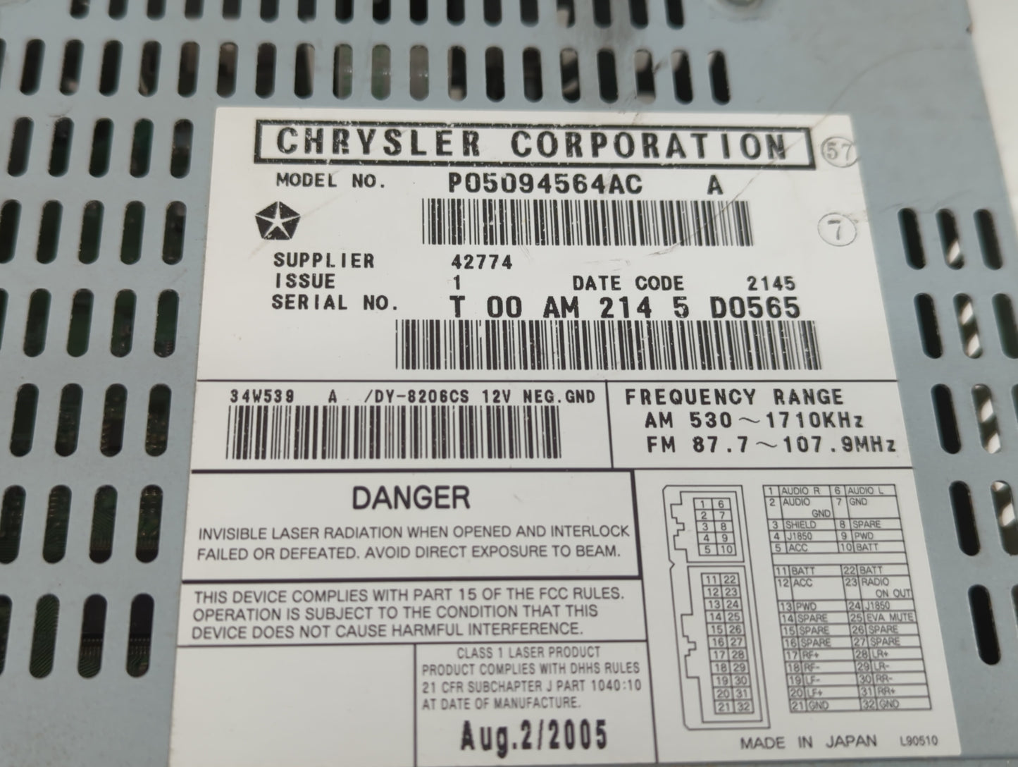 2004-2008 Chrysler Pacifica Radio AM FM Cd Player Receiver Replacement P/N:P05094564AB P05094564AD Fits OEM Used Auto Parts 
