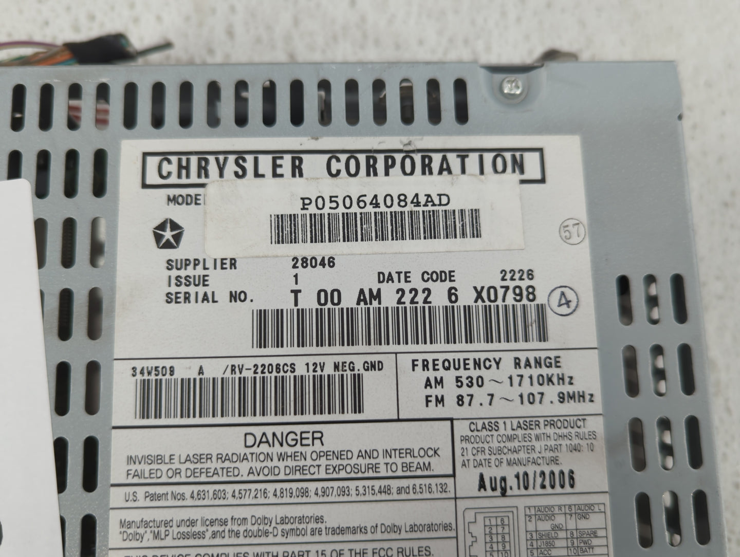 2007-2008 Chrysler Pacifica Radio AM FM Cd Player Receiver Replacement P/N:P05064084AD Fits Fits 2007 2008 OEM Used Auto Par