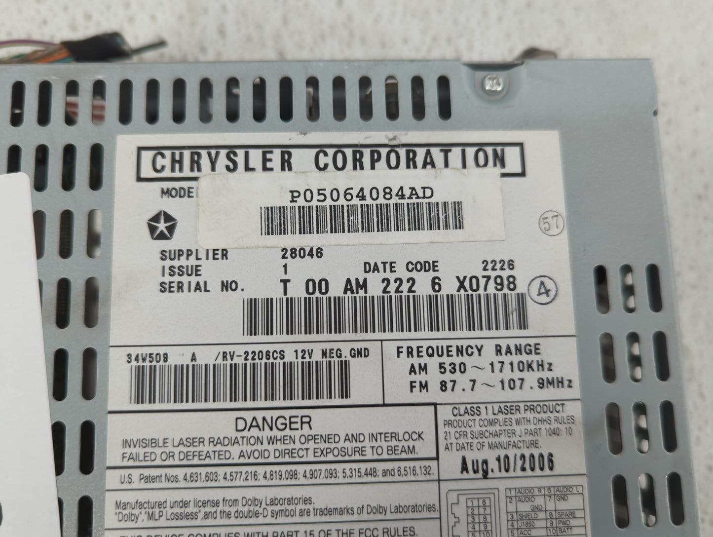 2007-2008 Chrysler Pacifica Radio AM FM Cd Player Receiver Replacement P/N:P05064084AD Fits Fits 2007 2008 OEM Used Auto Par