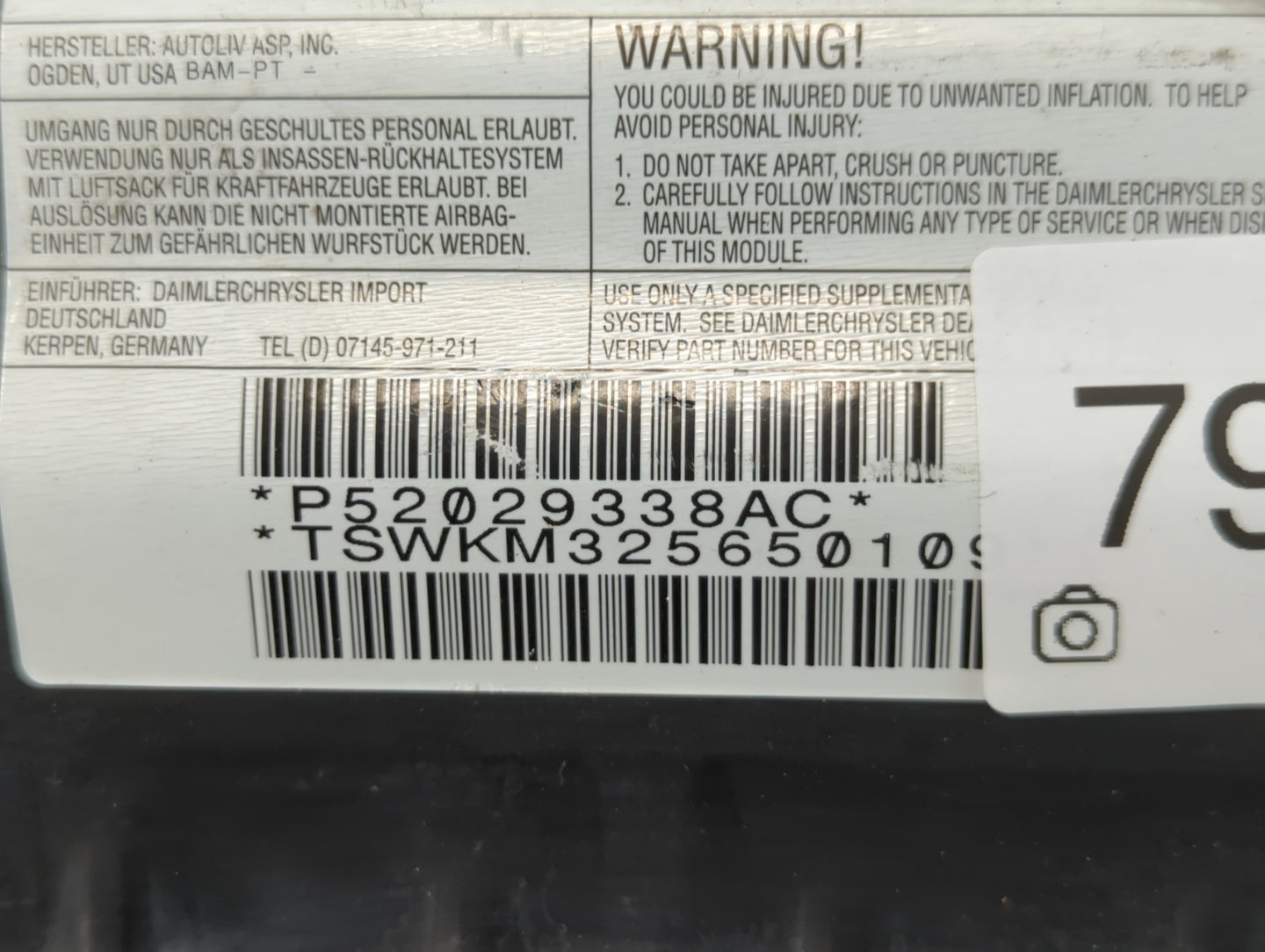2007 Chrysler Pt Cruiser Air Bag Passenger Right Dashboard OEM Fits OEM Used Auto Parts - Oemusedautoparts1.com