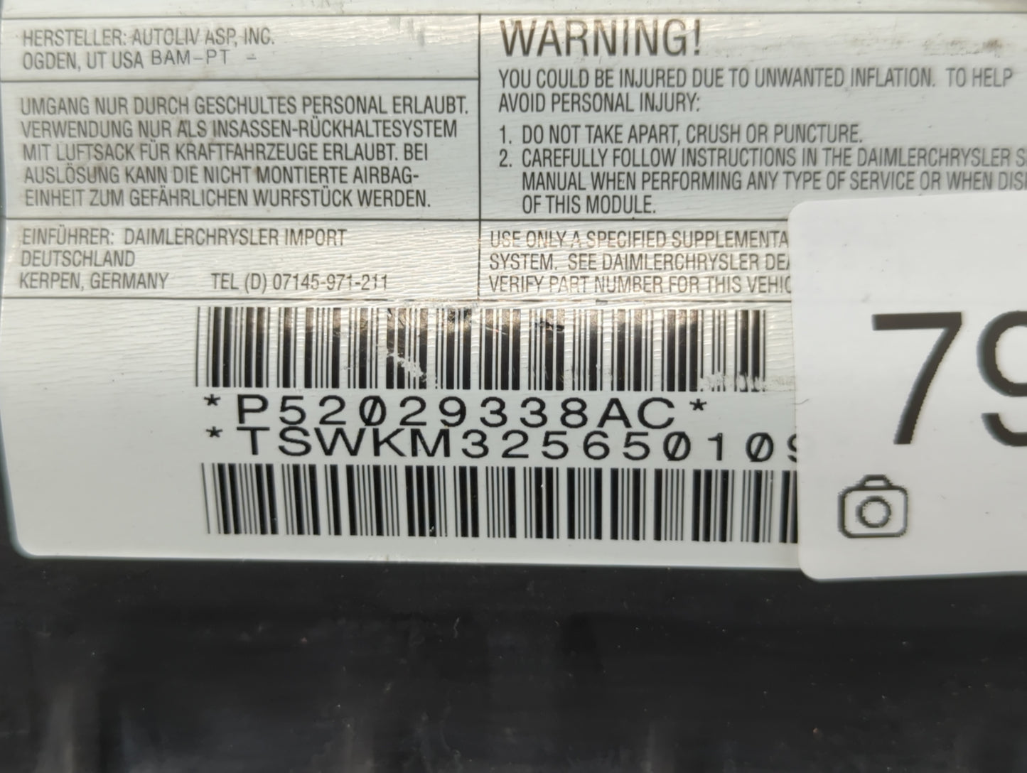 2007 Chrysler Pt Cruiser Air Bag Passenger Right Dashboard OEM Fits OEM Used Auto Parts - Oemusedautoparts1.com
