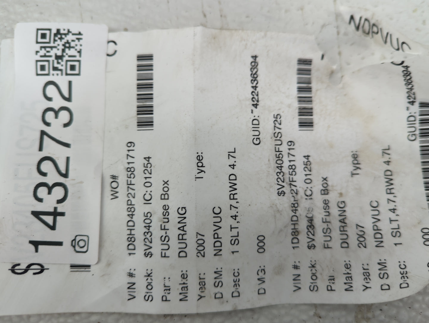 2007-2009 Dodge Durango Fusebox Fuse Box Panel Relay Module P/N:4671168E 72472V Fits Fits 2007 2008 2009 OEM Used Auto Parts