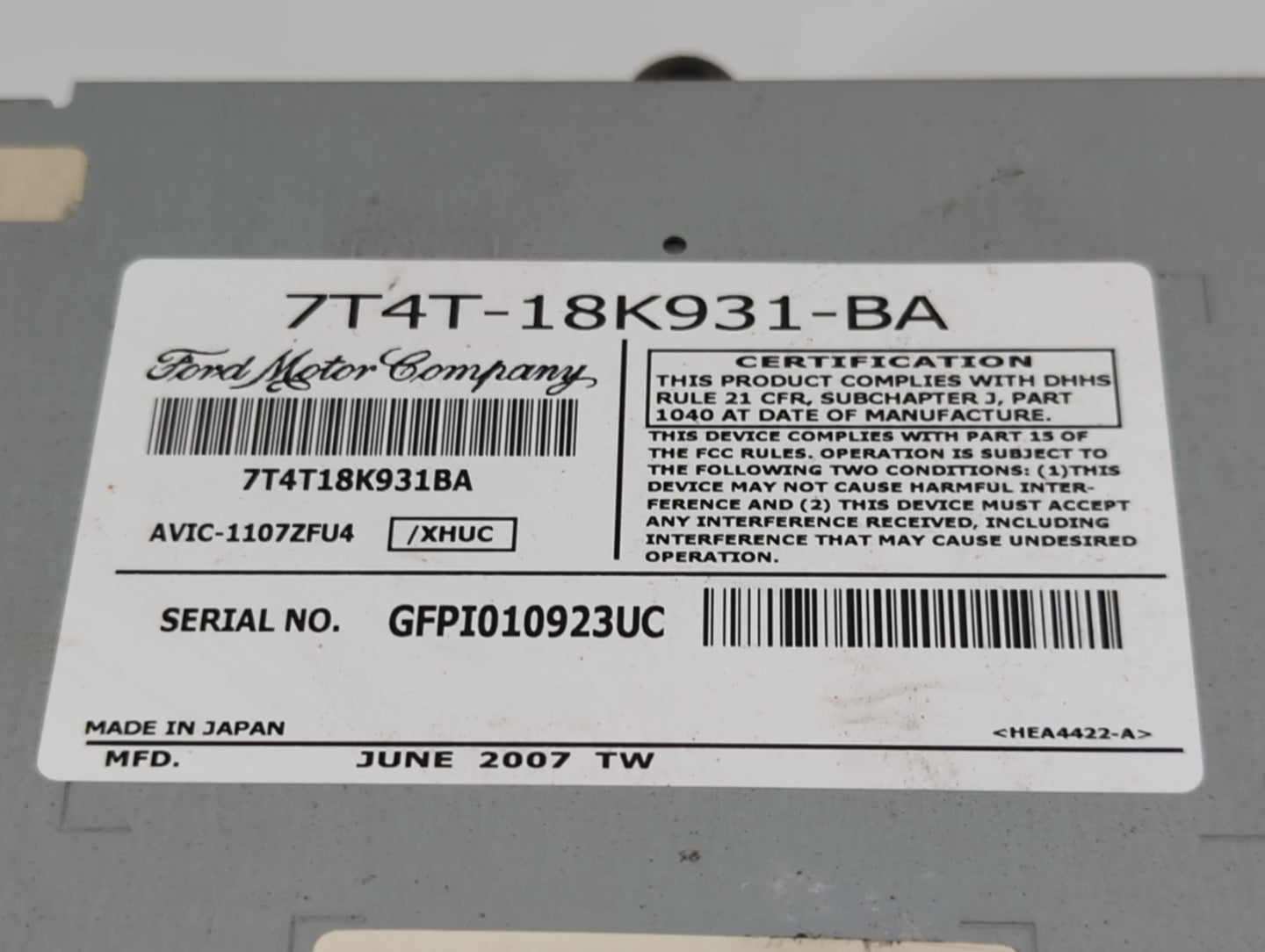 2007 Ford Edge Radio AM FM Cd Player Receiver Replacement P/N:7T4T-18K931-BA Fits OEM Used Auto Parts - Oemusedautoparts1.co