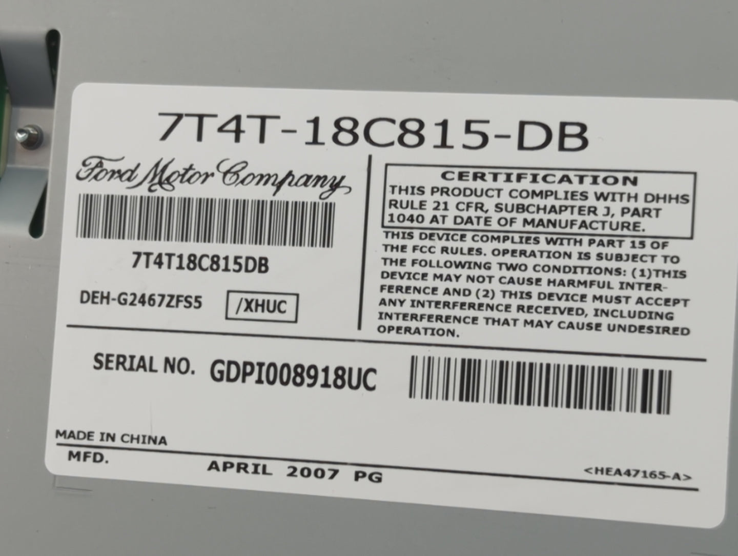 2007 Ford Edge Radio AM FM Cd Player Receiver Replacement P/N:7T4T-18C815-DB 7T4T18C815DB, DEH-G2467ZFS5, GDPI008918UC Fits 