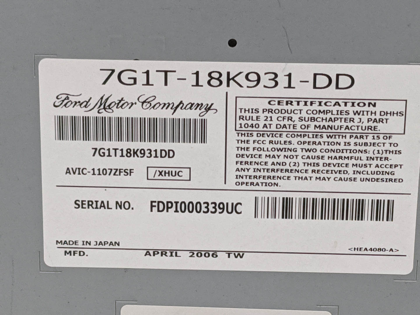 2007 Ford Five Hundred Radio AM FM Cd Player Receiver Replacement P/N:7G1T-18K931-DD 7G1T18K931DD, AVIC-1107ZFSF Fits OEM Us