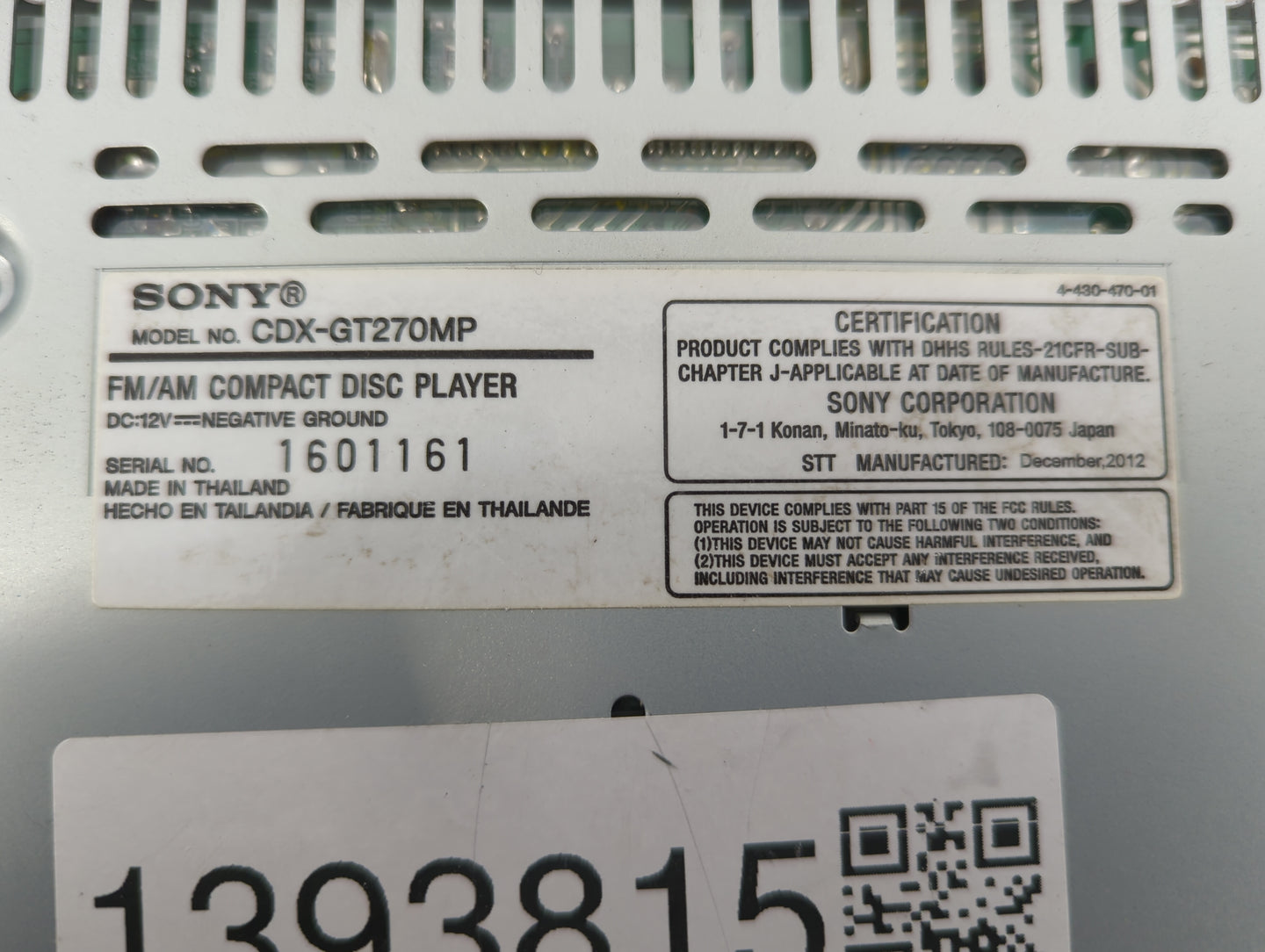 2007 Kia Sportage Radio AM FM Cd Player Receiver Replacement P/N:CDX-GT270MP Fits OEM Used Auto Parts - Oemusedautoparts1.co