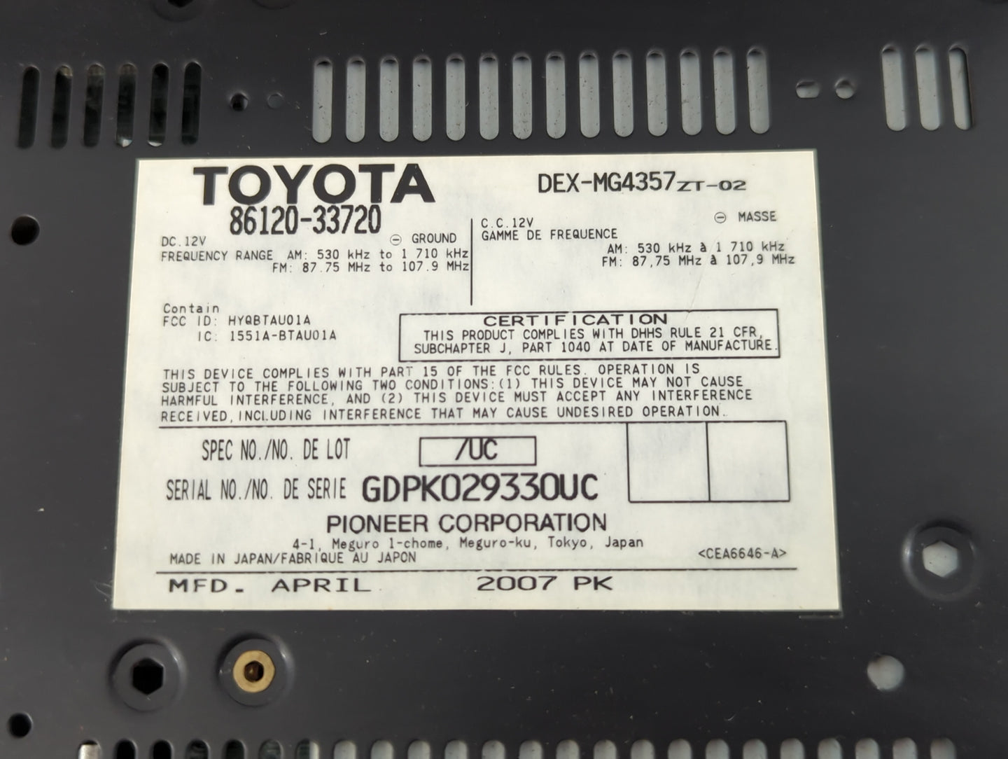 2007-2009 Lexus Es350 Radio AM FM Cd Player Receiver Replacement P/N:86120-33720 Fits Fits 2007 2008 2009 OEM Used Auto Part