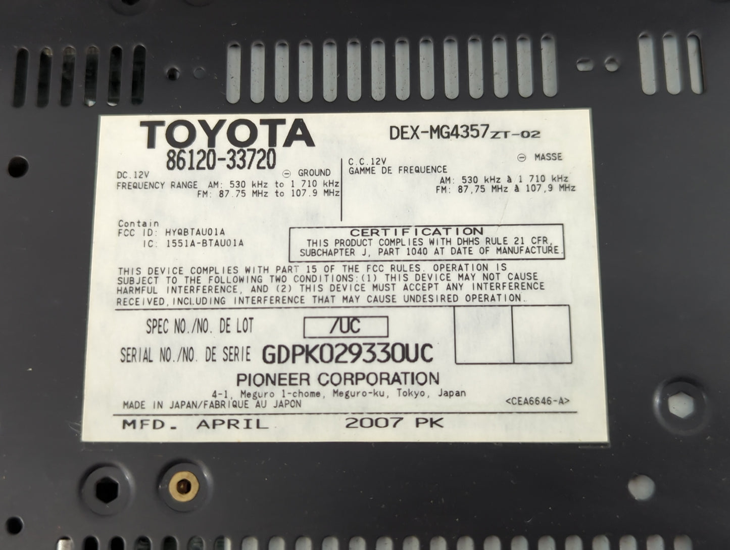 2007-2009 Lexus Es350 Radio AM FM Cd Player Receiver Replacement P/N:86120-33720 Fits Fits 2007 2008 2009 OEM Used Auto Part