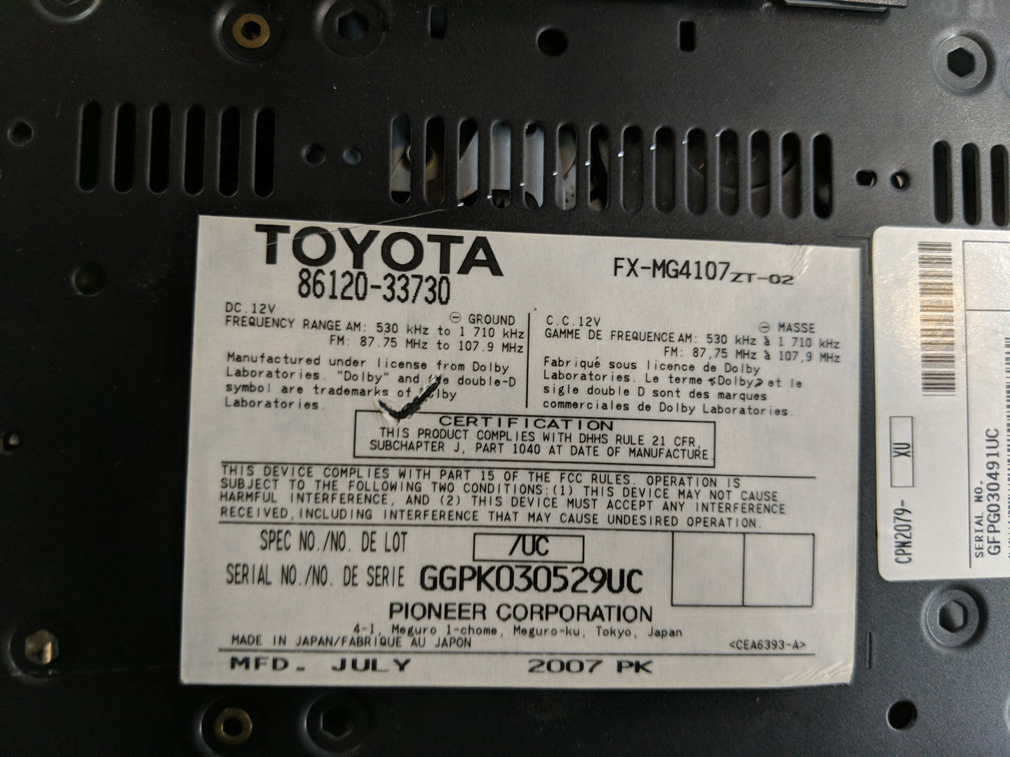 2007-2009 Lexus Es350 Radio AM FM Cd Player Receiver Replacement P/N:86120-33730 Fits Fits 2007 2008 2009 OEM Used Auto Part