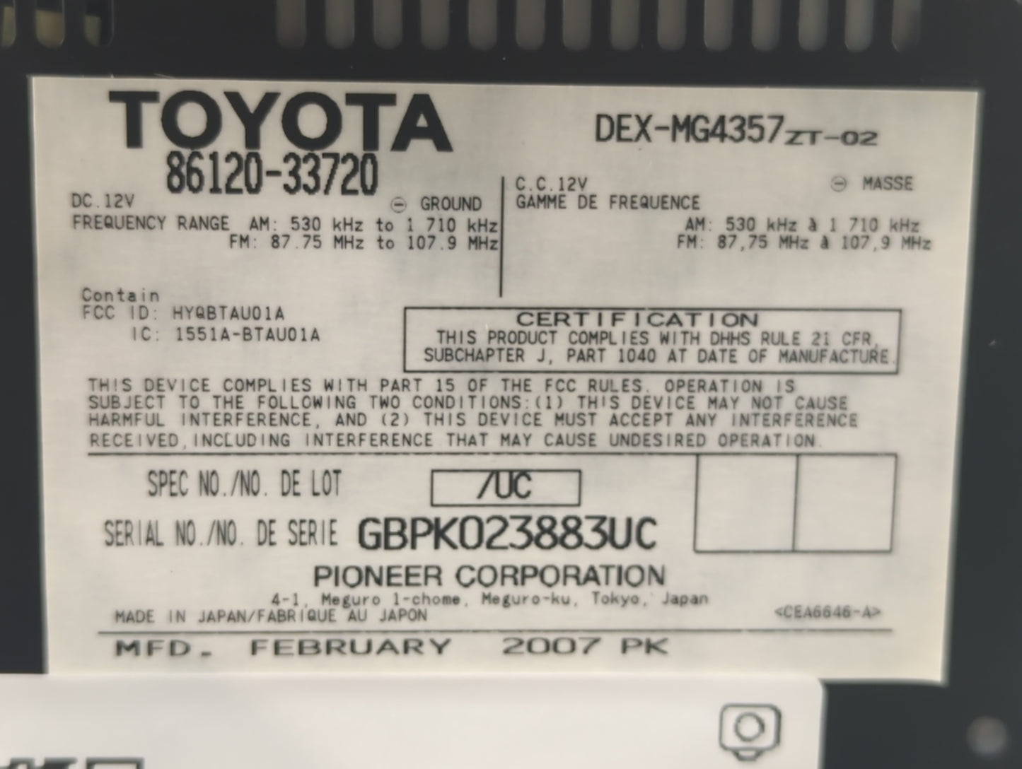 2007-2009 Lexus Es350 Radio AM FM Cd Player Receiver Replacement P/N:86120-33720 Fits Fits 2007 2008 2009 OEM Used Auto Part