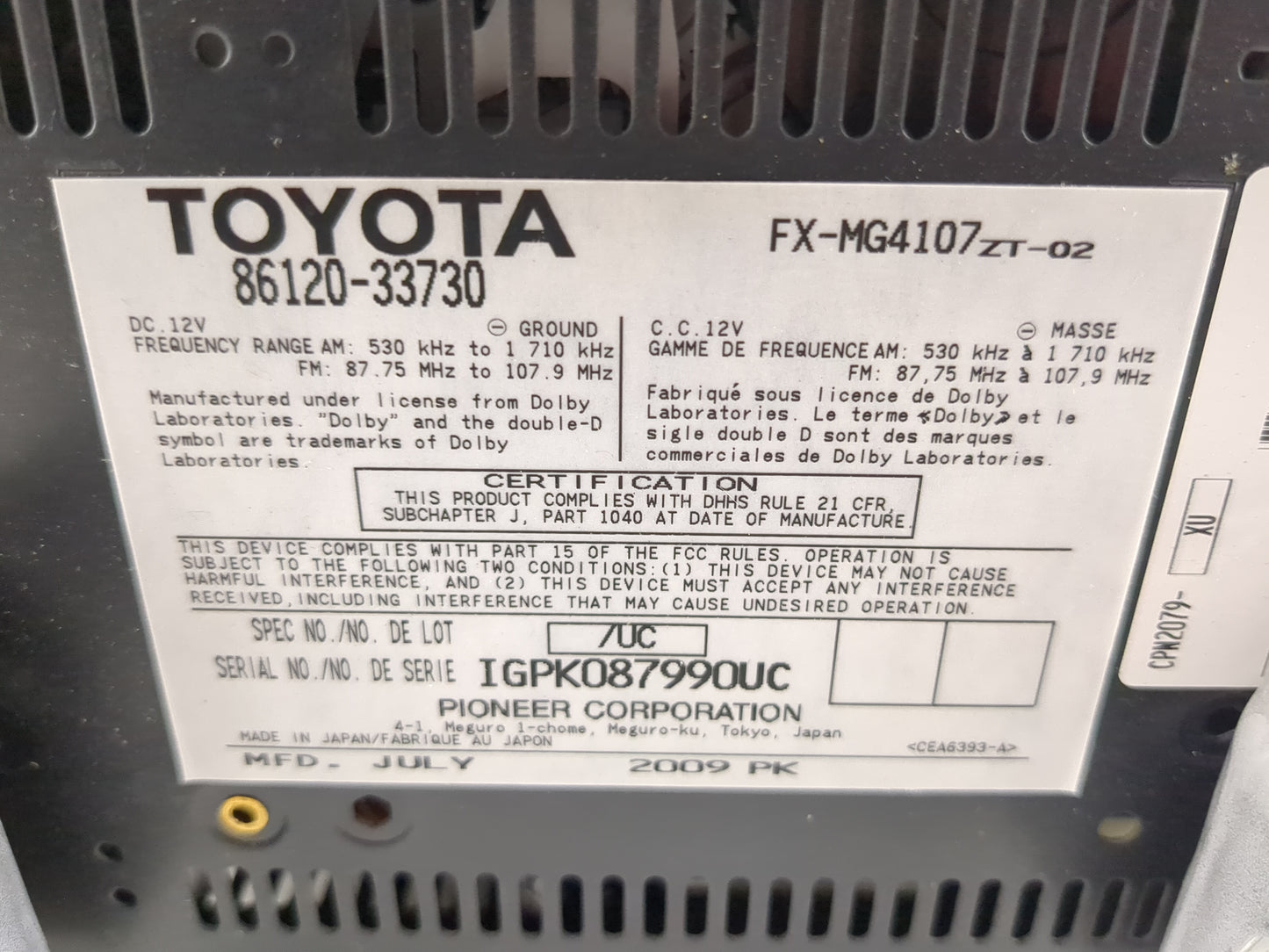 2007-2009 Lexus Es350 Radio AM FM Cd Player Receiver Replacement P/N:86120-33730 FX-MG4107ZT-02 Fits Fits 2007 2008 2009 OEM