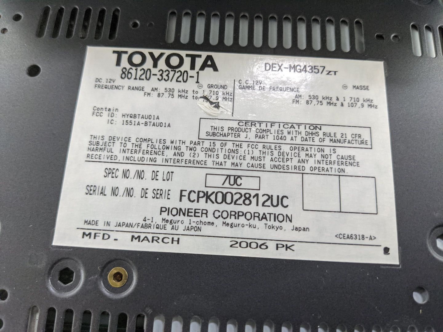 2007-2009 Lexus Es350 Radio AM FM Cd Player Receiver Replacement P/N:86120-33720-1 DEX-MG4357, HYQBTAU01A Fits Fits 2007 200