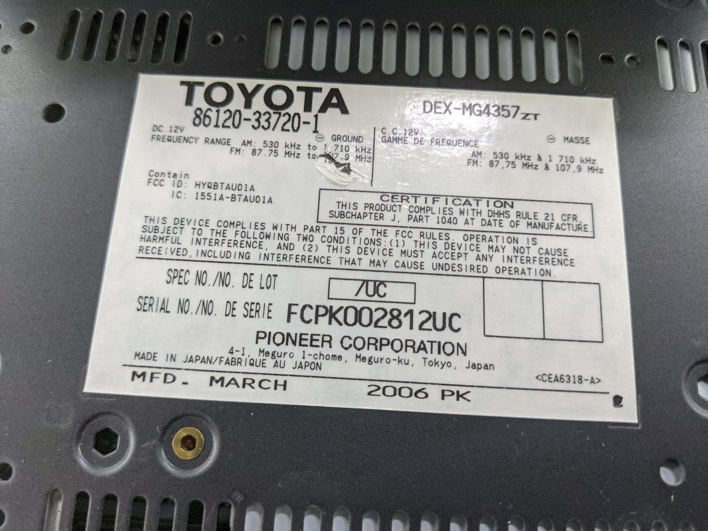 2007-2009 Lexus Es350 Radio AM FM Cd Player Receiver Replacement P/N:86120-33720-1 DEX-MG4357, HYQBTAU01A Fits Fits 2007 200