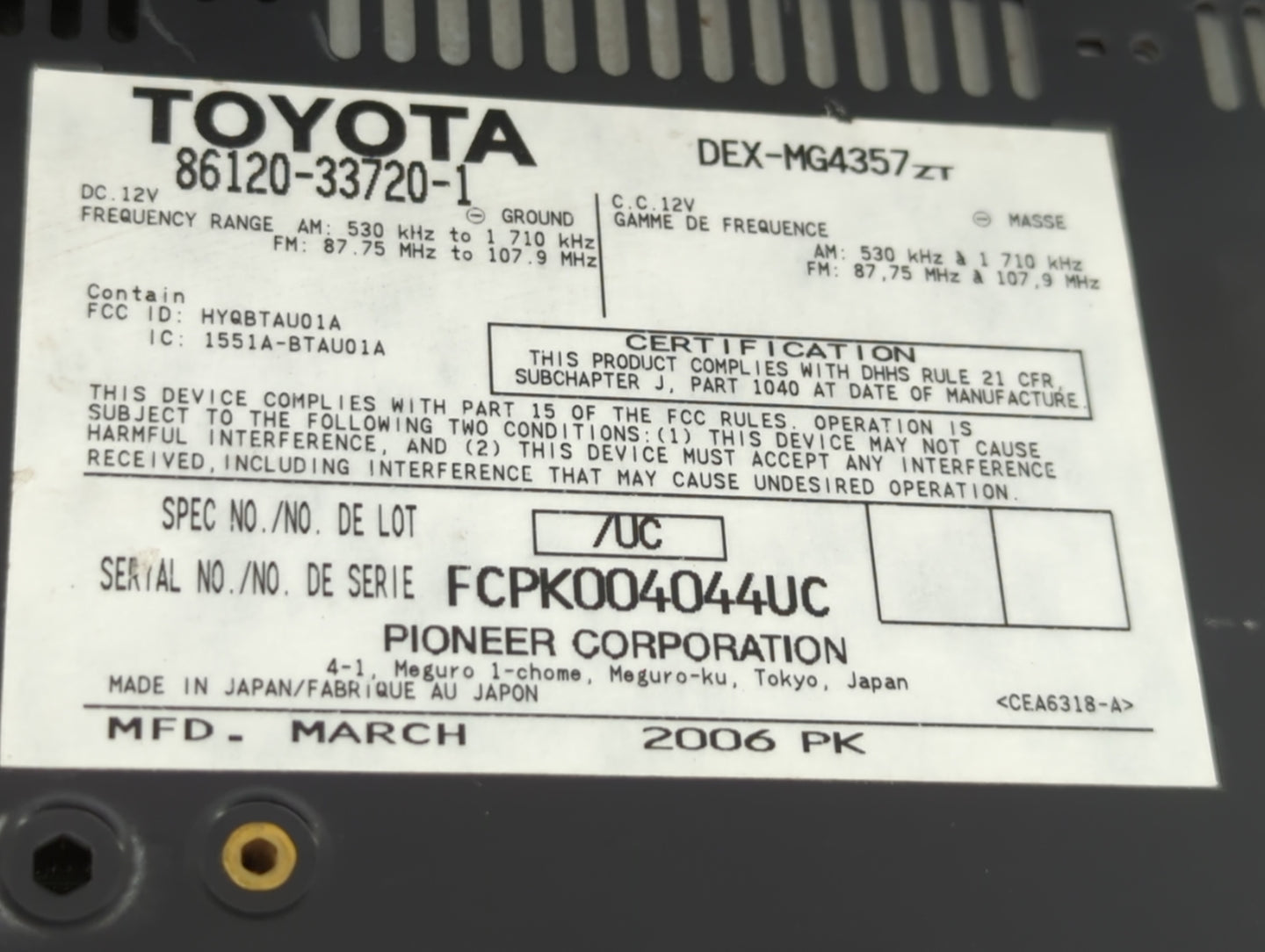 2007-2009 Lexus Es350 Radio AM FM Cd Player Receiver Replacement P/N:86120-33720 55900-33C10 Fits Fits 2007 2008 2009 OEM Us