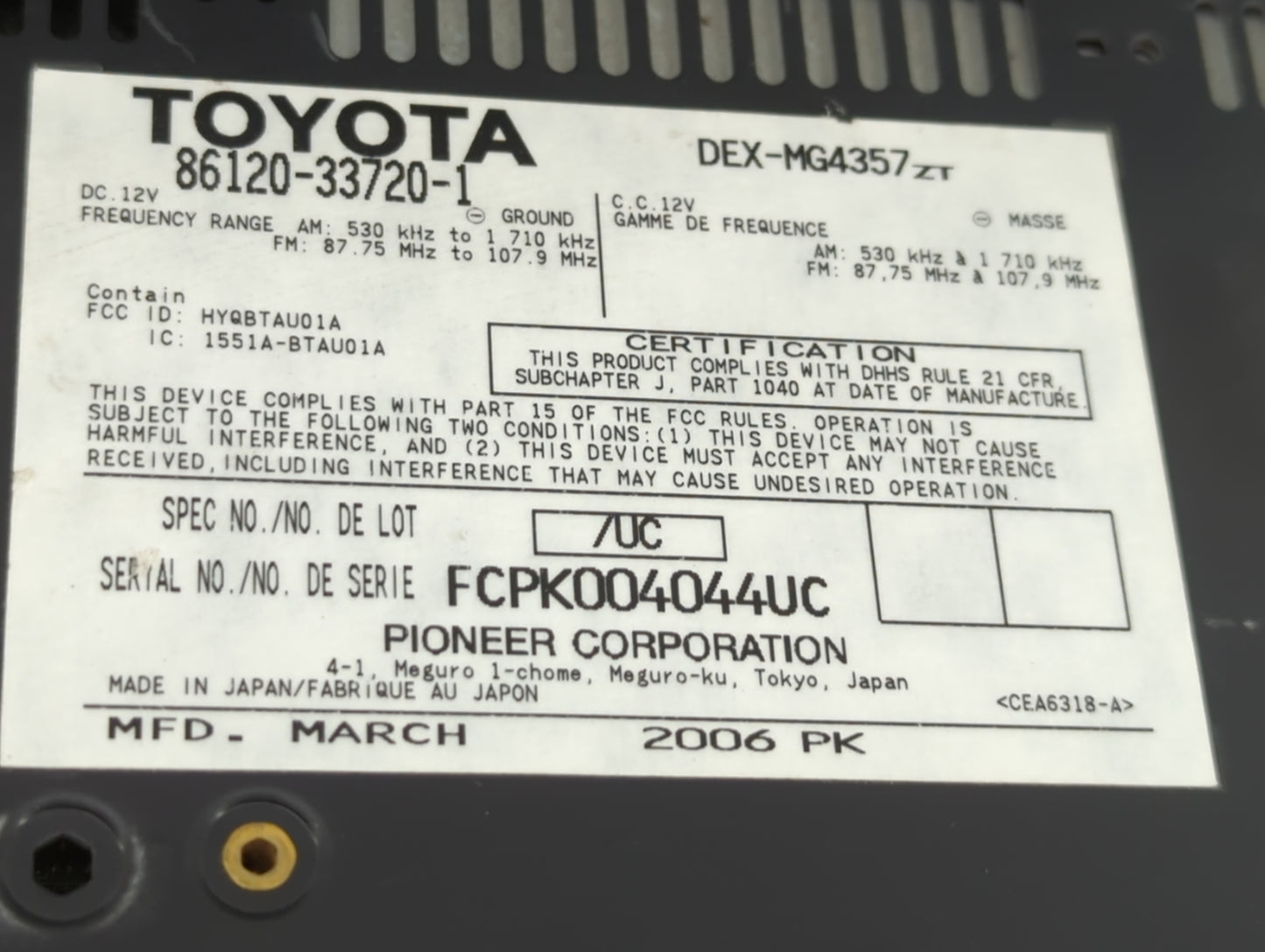 2007-2009 Lexus Es350 Radio AM FM Cd Player Receiver Replacement P/N:86120-33720 55900-33C10 Fits Fits 2007 2008 2009 OEM Us
