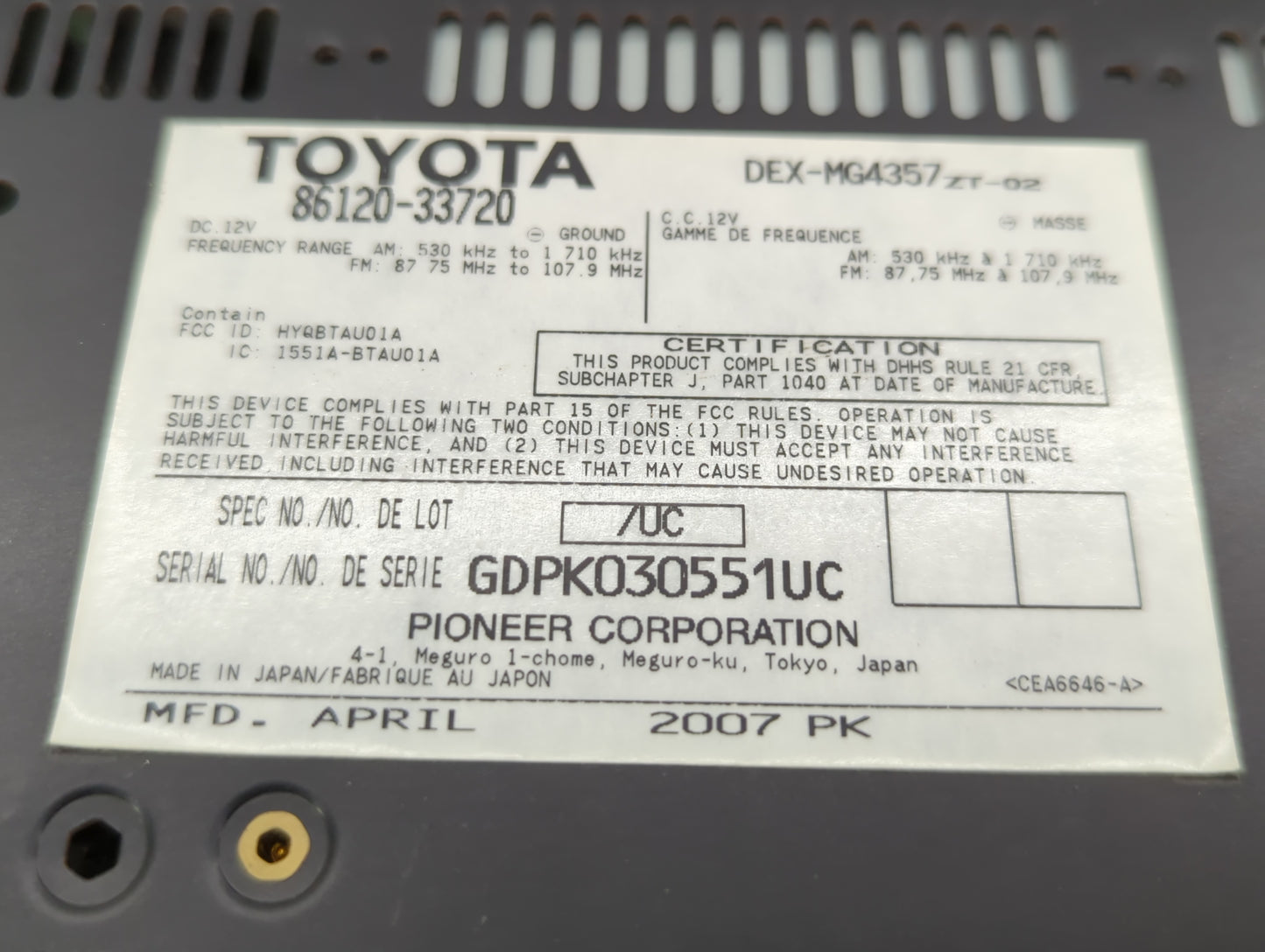 2007-2009 Lexus Es350 Radio AM FM Cd Player Receiver Replacement P/N:86120-33720 55900-33C10 Fits Fits 2007 2008 2009 OEM Us