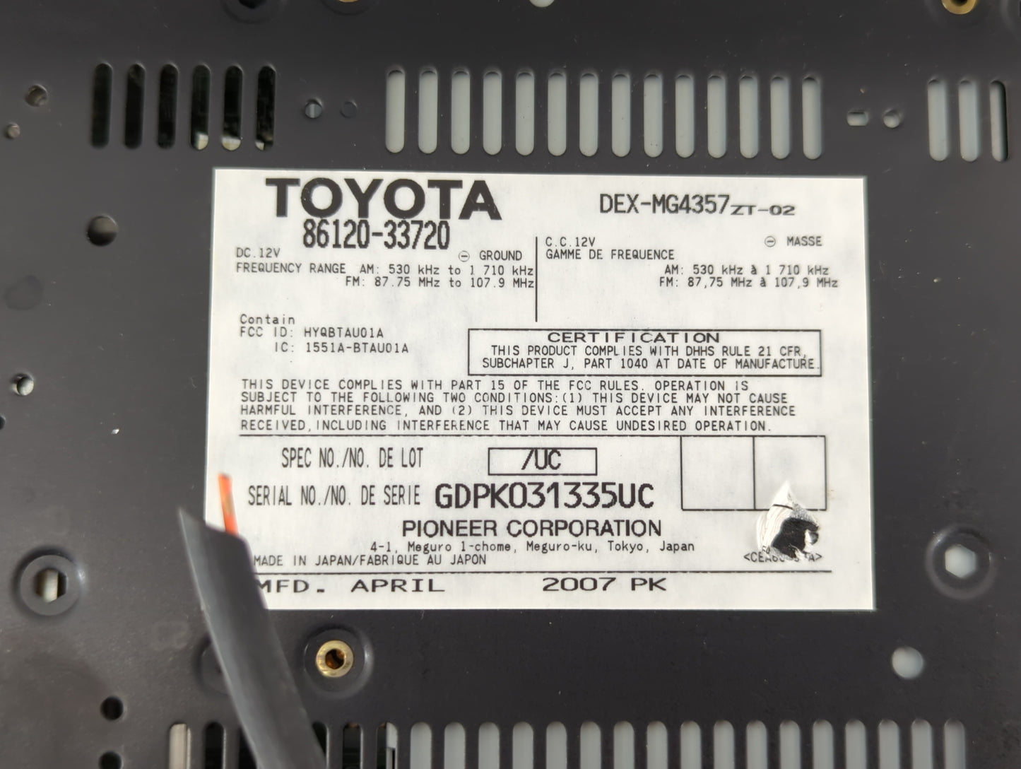 2007-2009 Lexus Es350 Radio AM FM Cd Player Receiver Replacement P/N:86120-33720 Fits Fits 2007 2008 2009 OEM Used Auto Part