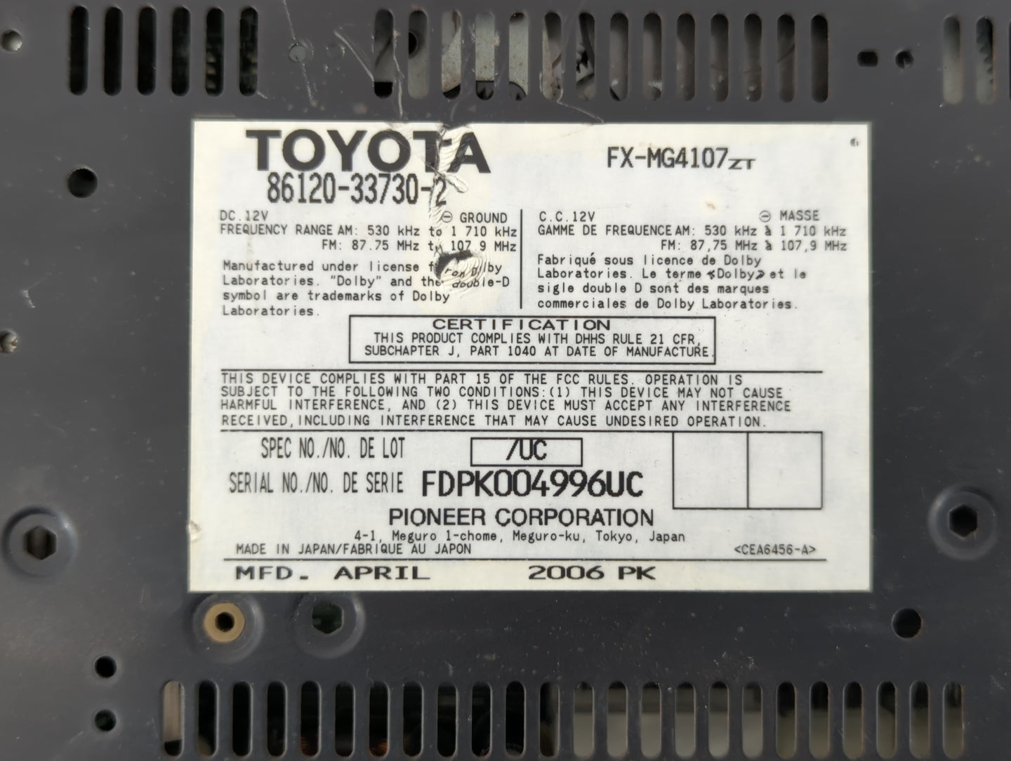 2007-2009 Lexus Es350 Radio AM FM Cd Player Receiver Replacement P/N:86120-33730 Fits Fits 2007 2008 2009 OEM Used Auto Part