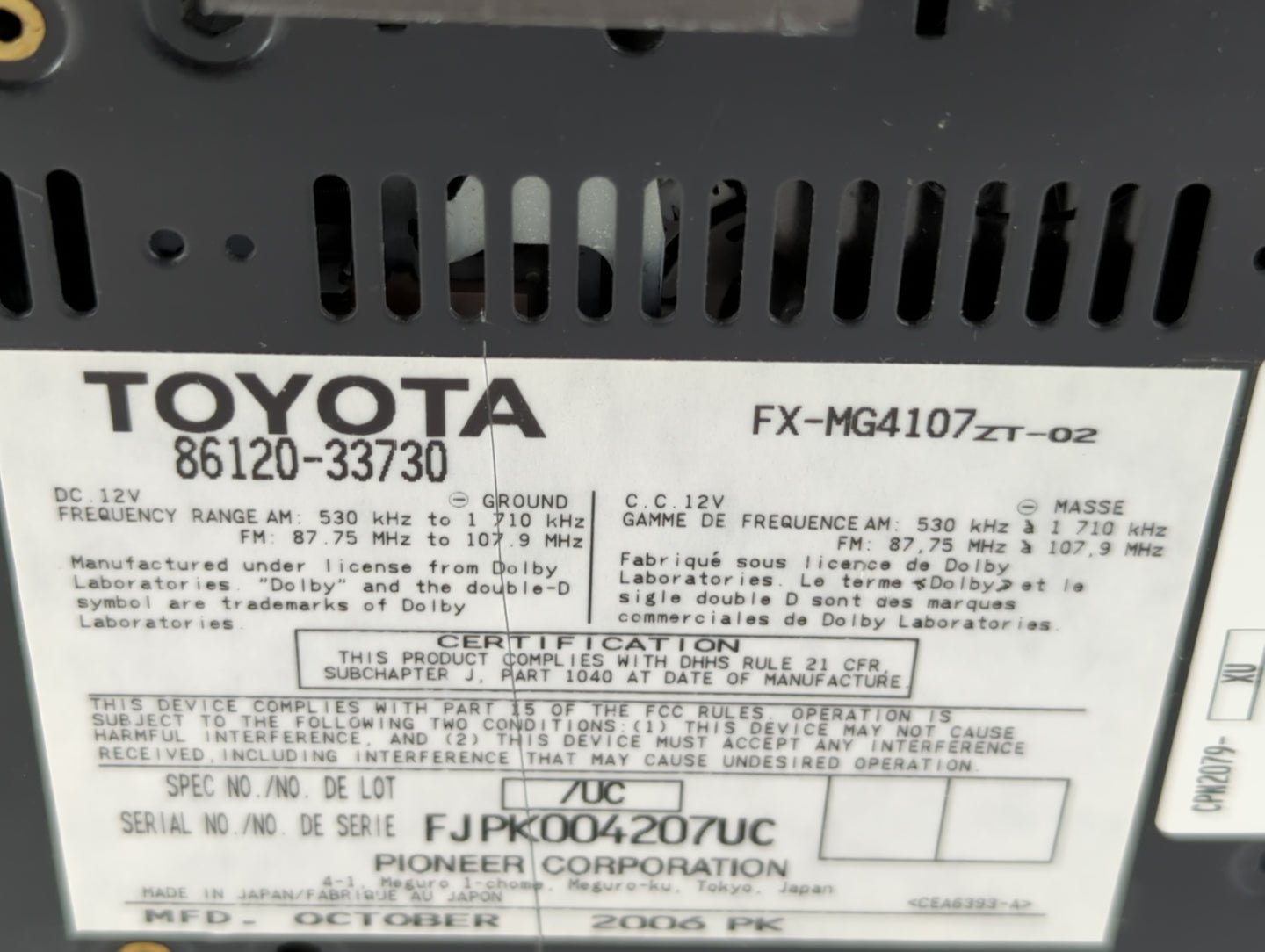 2007-2009 Lexus Es350 Radio AM FM Cd Player Receiver Replacement P/N:86120-33730 Fits Fits 2007 2008 2009 OEM Used Auto Part