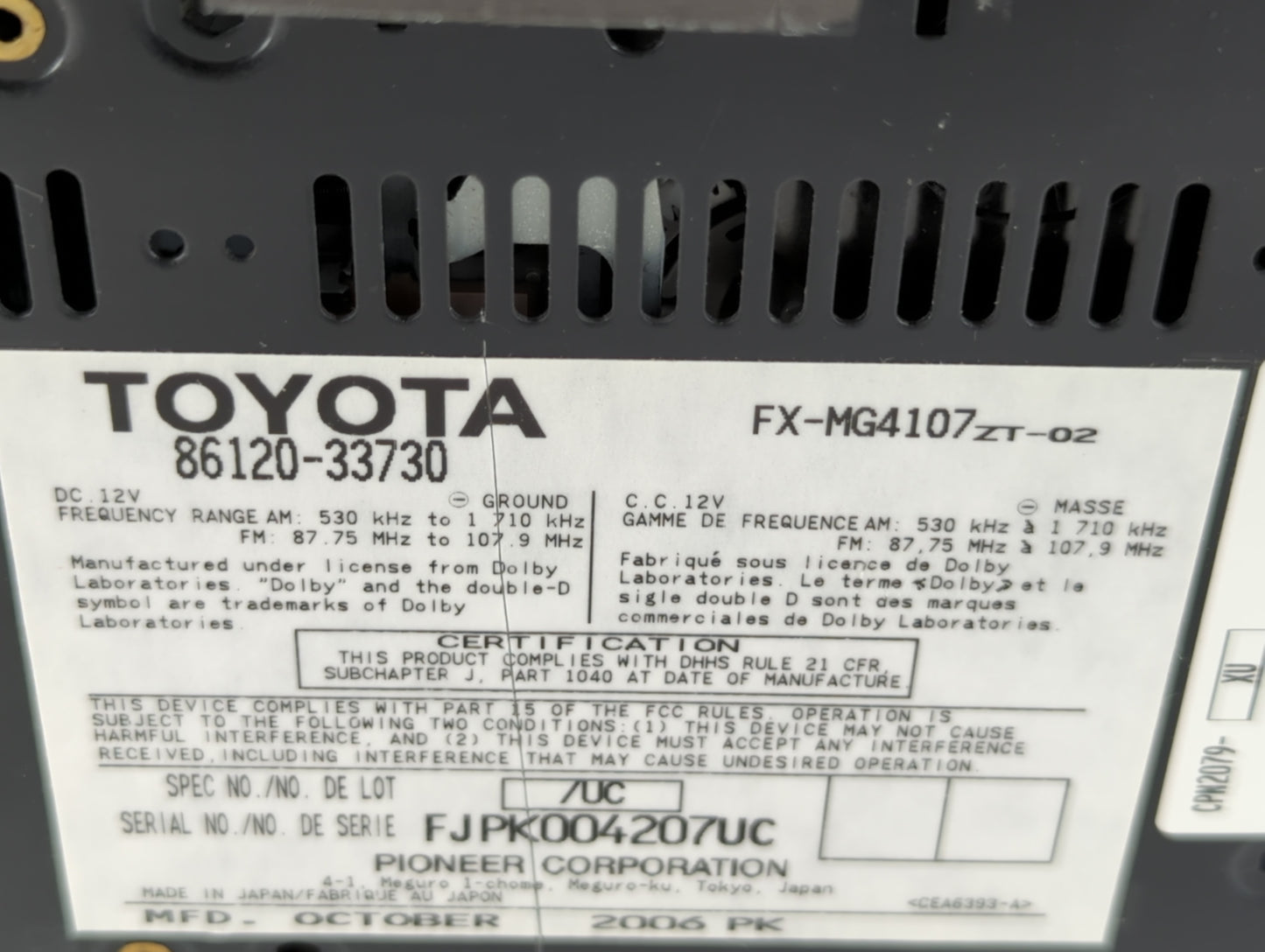 2007-2009 Lexus Es350 Radio AM FM Cd Player Receiver Replacement P/N:86120-33730 Fits Fits 2007 2008 2009 OEM Used Auto Part