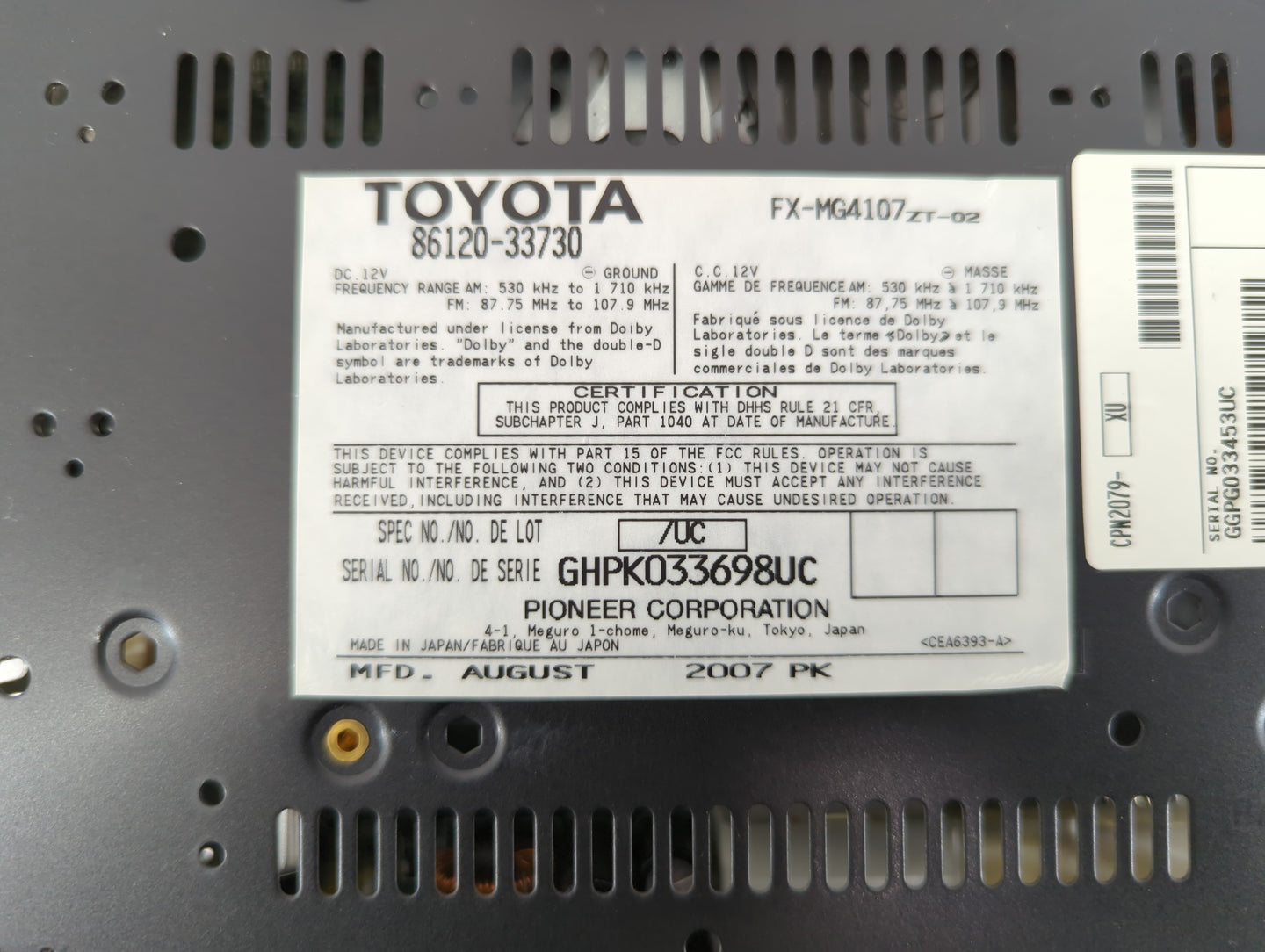 2007-2009 Lexus Es350 Radio AM FM Cd Player Receiver Replacement P/N:86120-33730 Fits Fits 2007 2008 2009 OEM Used Auto Part