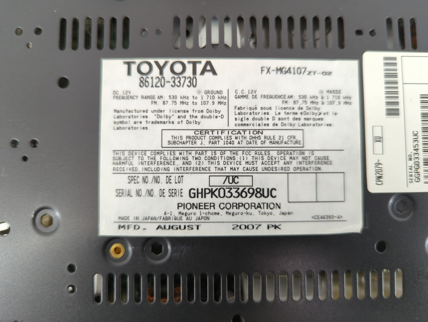 2007-2009 Lexus Es350 Radio AM FM Cd Player Receiver Replacement P/N:86120-33730 Fits Fits 2007 2008 2009 OEM Used Auto Part