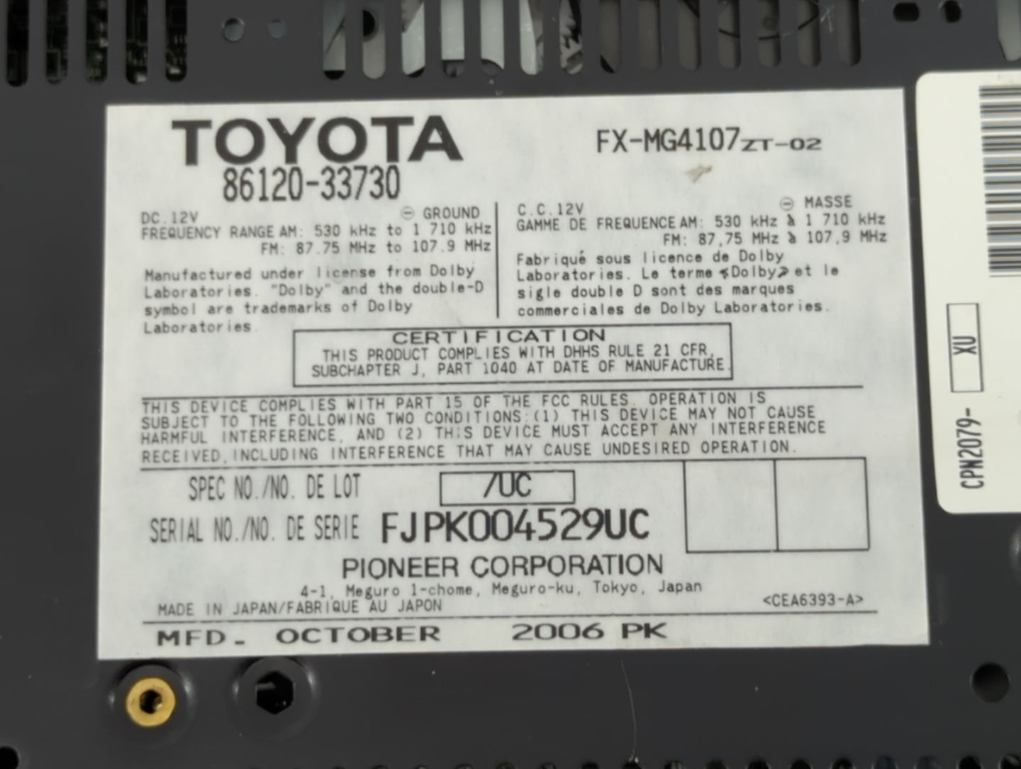 2007-2009 Lexus Es350 Radio AM FM Cd Player Receiver Replacement P/N:86120-33730 Fits Fits 2007 2008 2009 OEM Used Auto Part