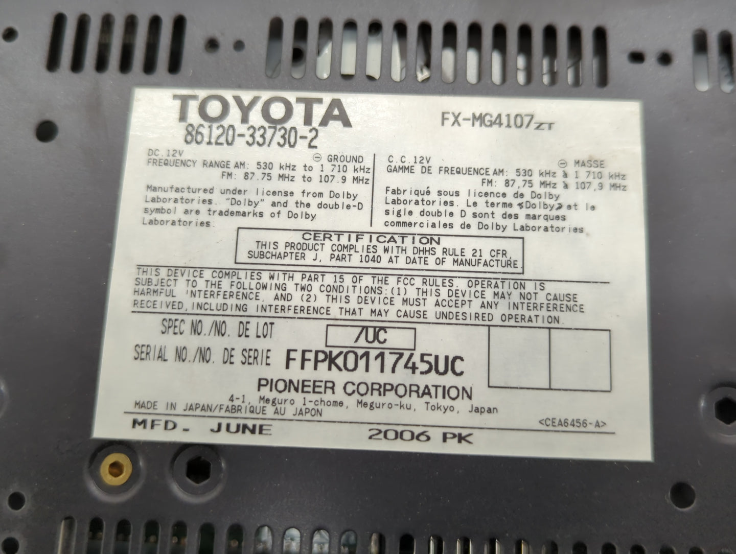 2007-2009 Lexus Es350 Radio AM FM Cd Player Receiver Replacement P/N:86120-33730-2 Fits Fits 2007 2008 2009 OEM Used Auto Pa