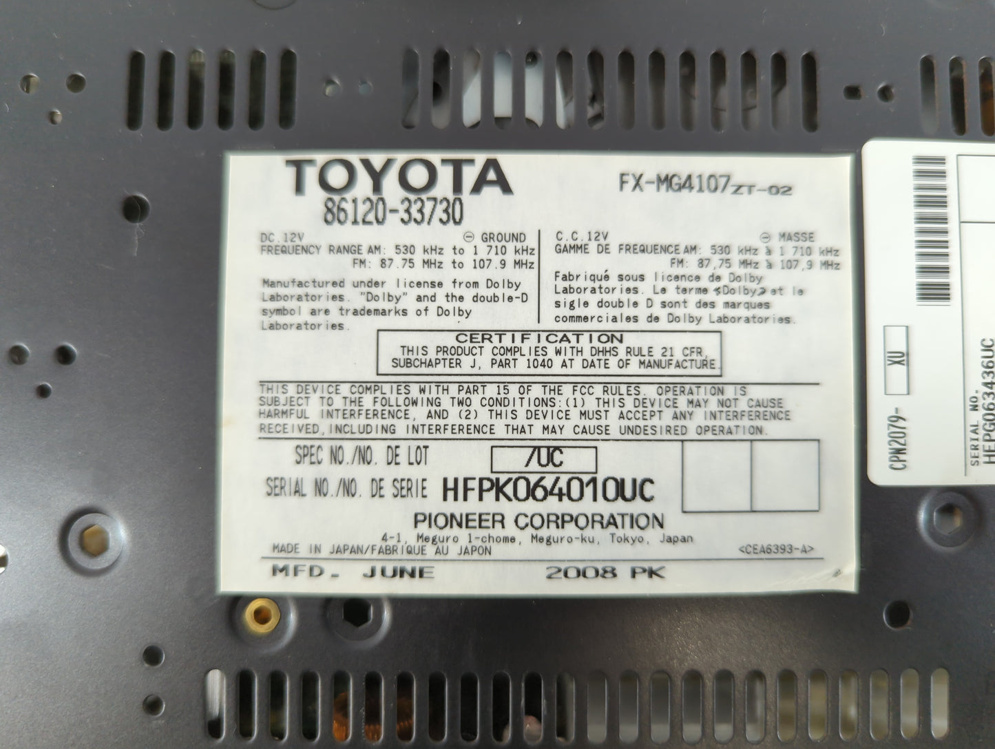 2007-2009 Lexus Es350 Am Fm Cd Player Radio Receiver - Oemusedautoparts1.com