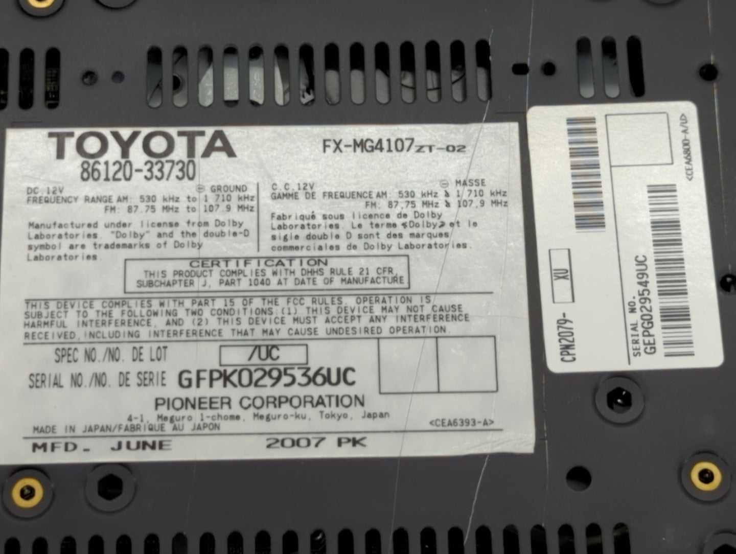 2007-2009 Lexus Es350 Radio AM FM Cd Player Receiver Replacement P/N:86120-33730 Fits Fits 2007 2008 2009 OEM Used Auto Part