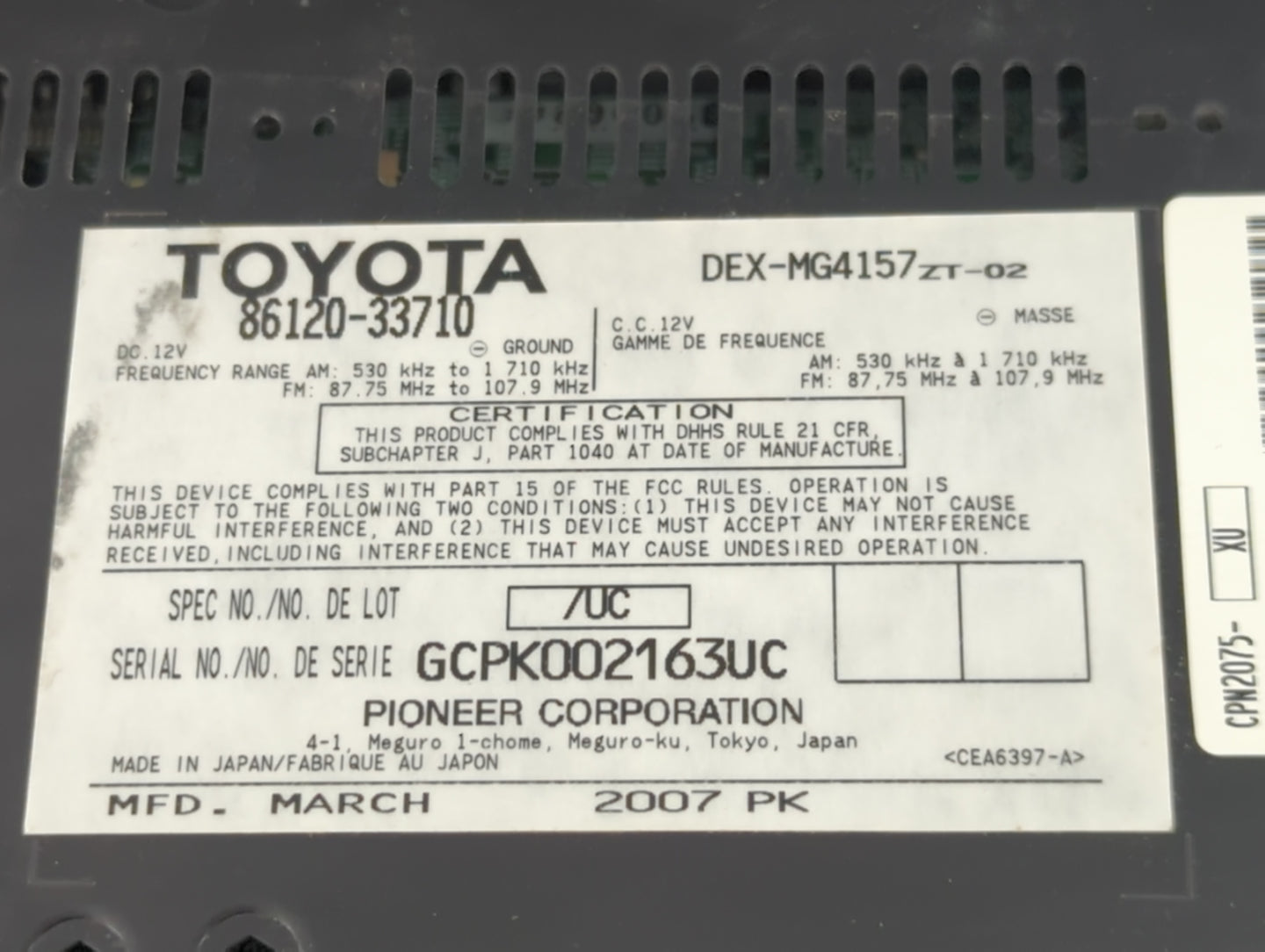 2007-2009 Lexus Es350 Radio AM FM Cd Player Receiver Replacement P/N:86120-33710 Fits Fits 2007 2008 2009 OEM Used Auto Part